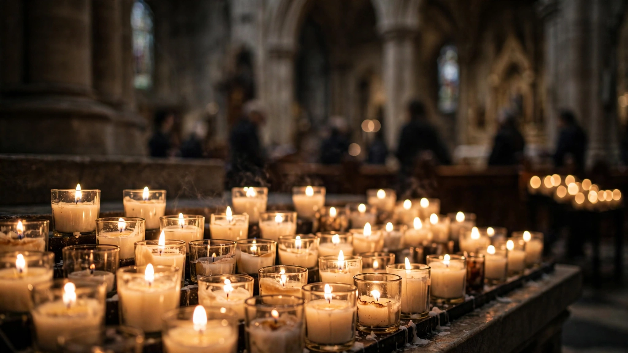Rows of lit prayer candles inside a church, with blurred worshippers in the background