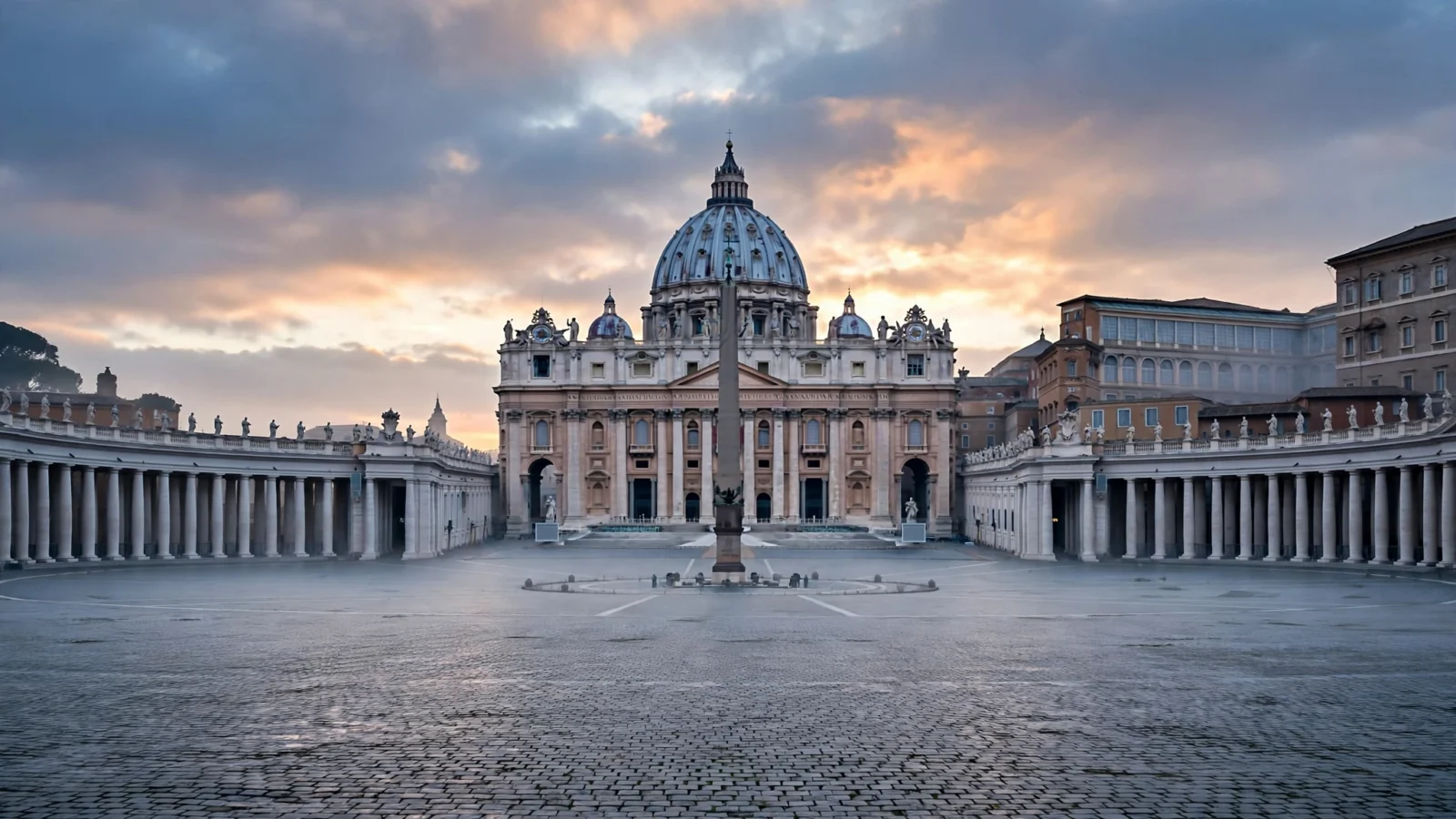 St. Peter's Basilica and St. Peter's Square in Vatican City at dawn, the square empty in the foreground