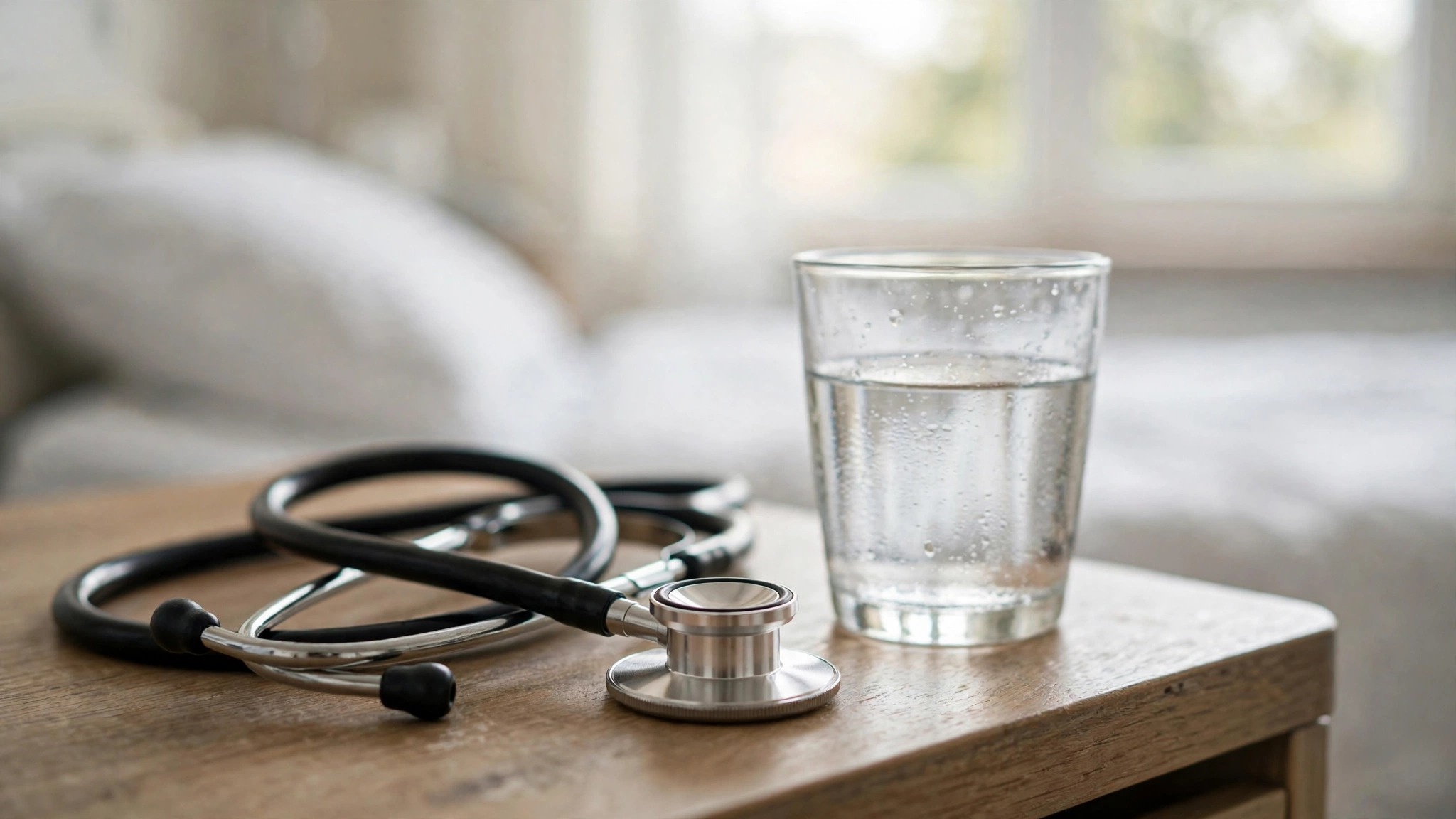 A stethoscope resting on a hospital bedside table next to a glass of water