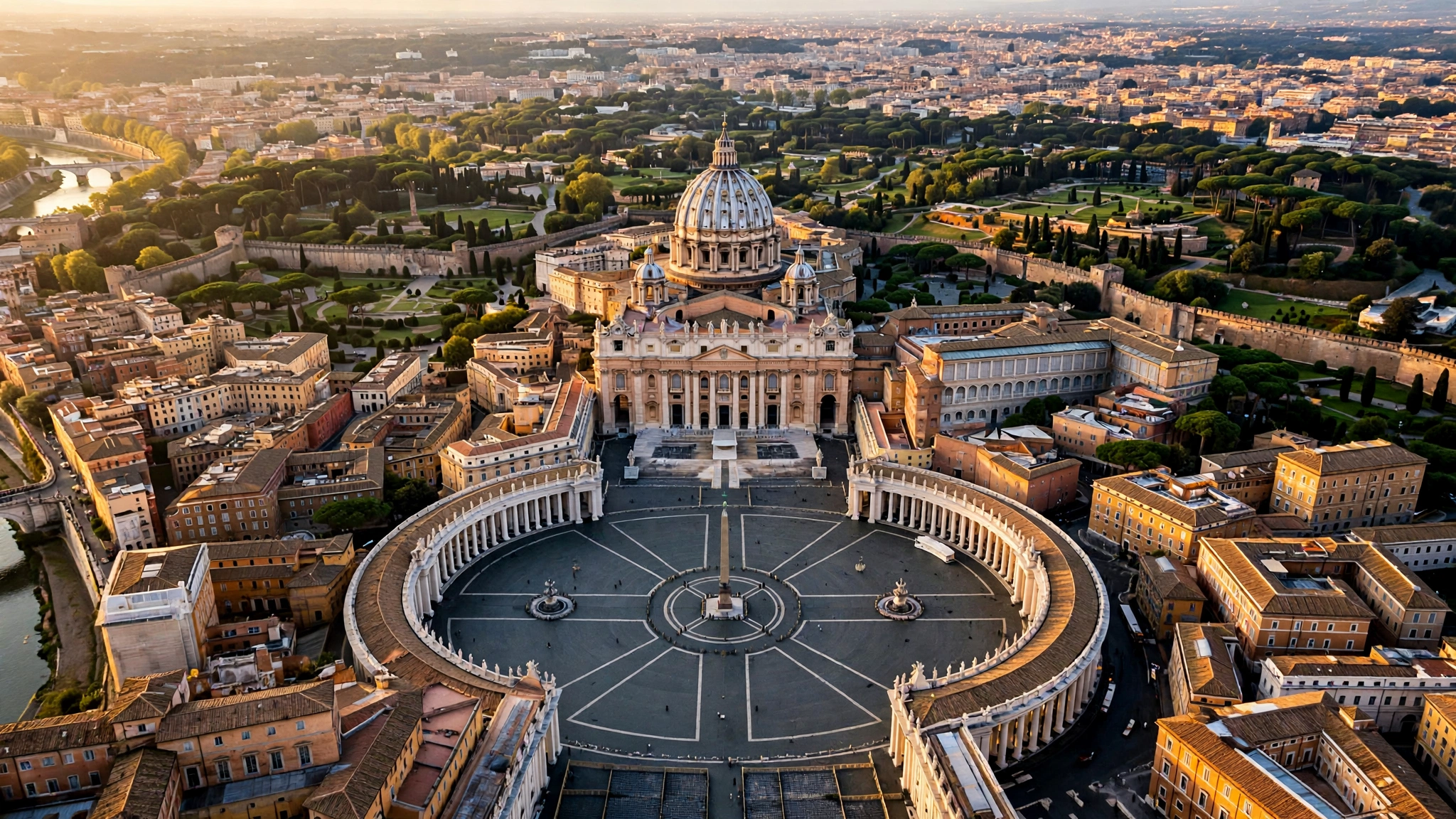 Aerial view of St. Peter's Basilica and St. Peter's Square in Vatican City at golden hour