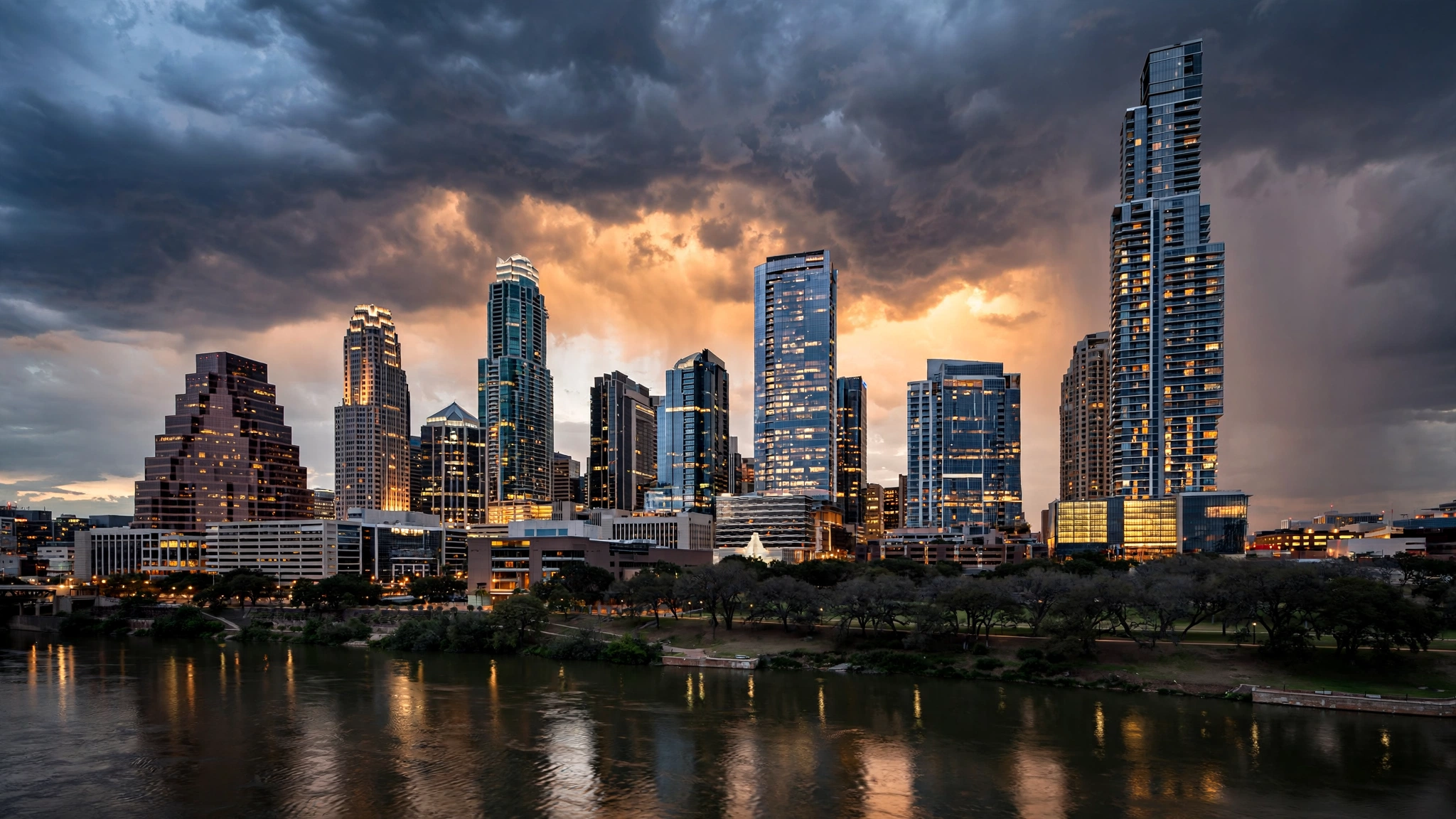 Downtown Austin, Texas skyline at dusk under dramatic clouds