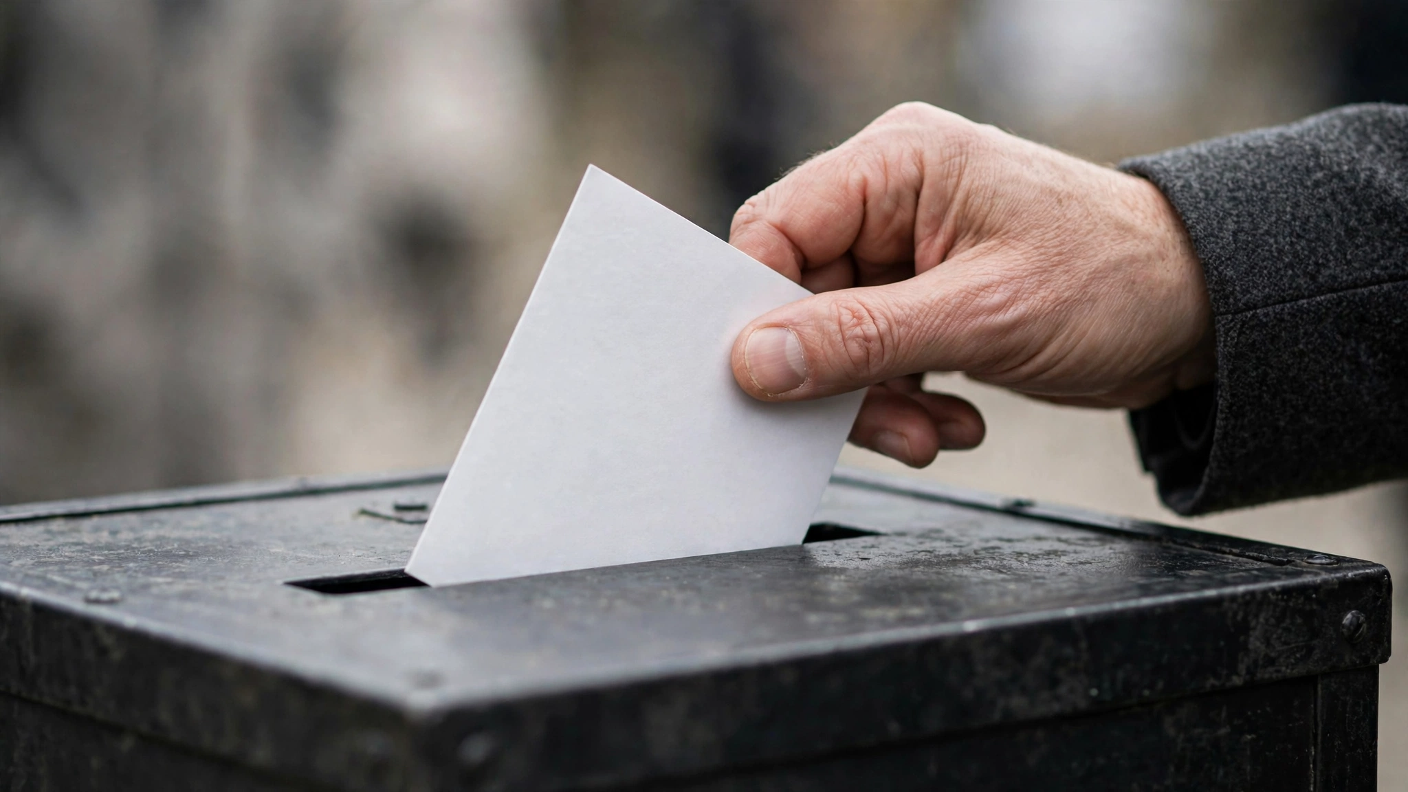 An anonymous hand inserting a blank paper ballot into a ballot box