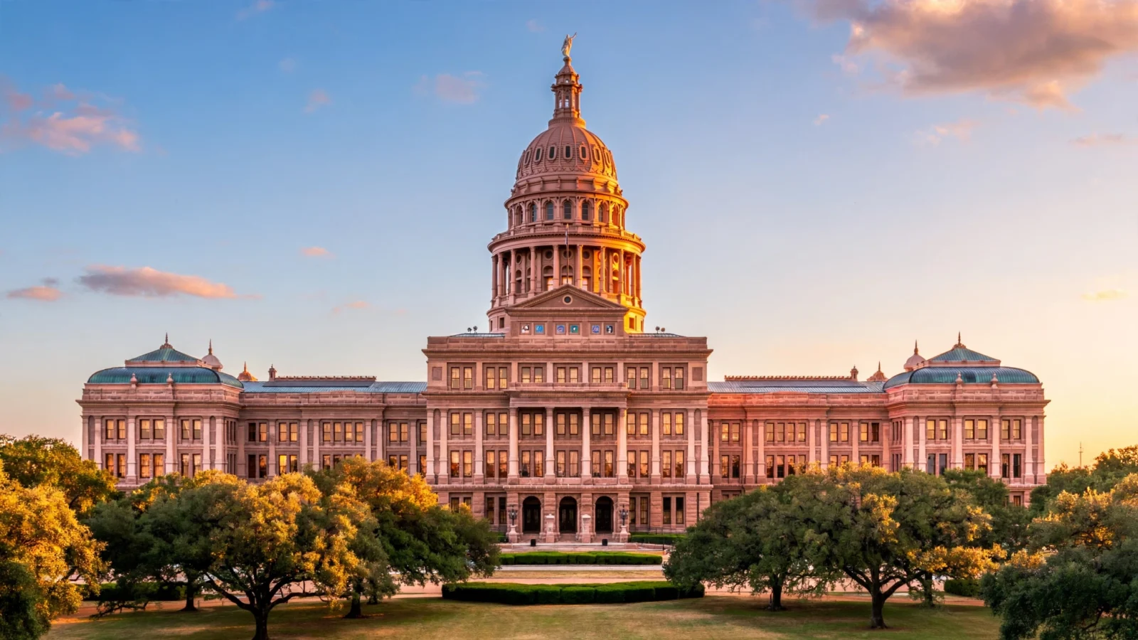 The Texas State Capitol building in Austin at golden hour