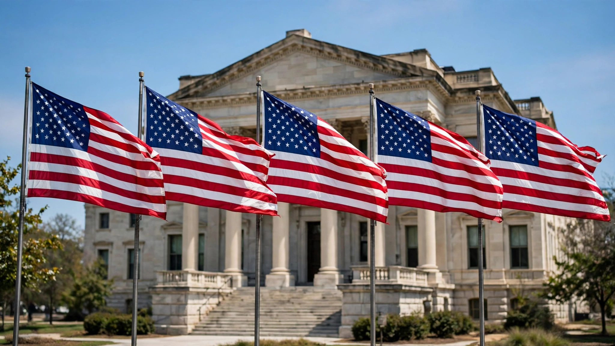 American flags waving in front of a government building under a blue sky
