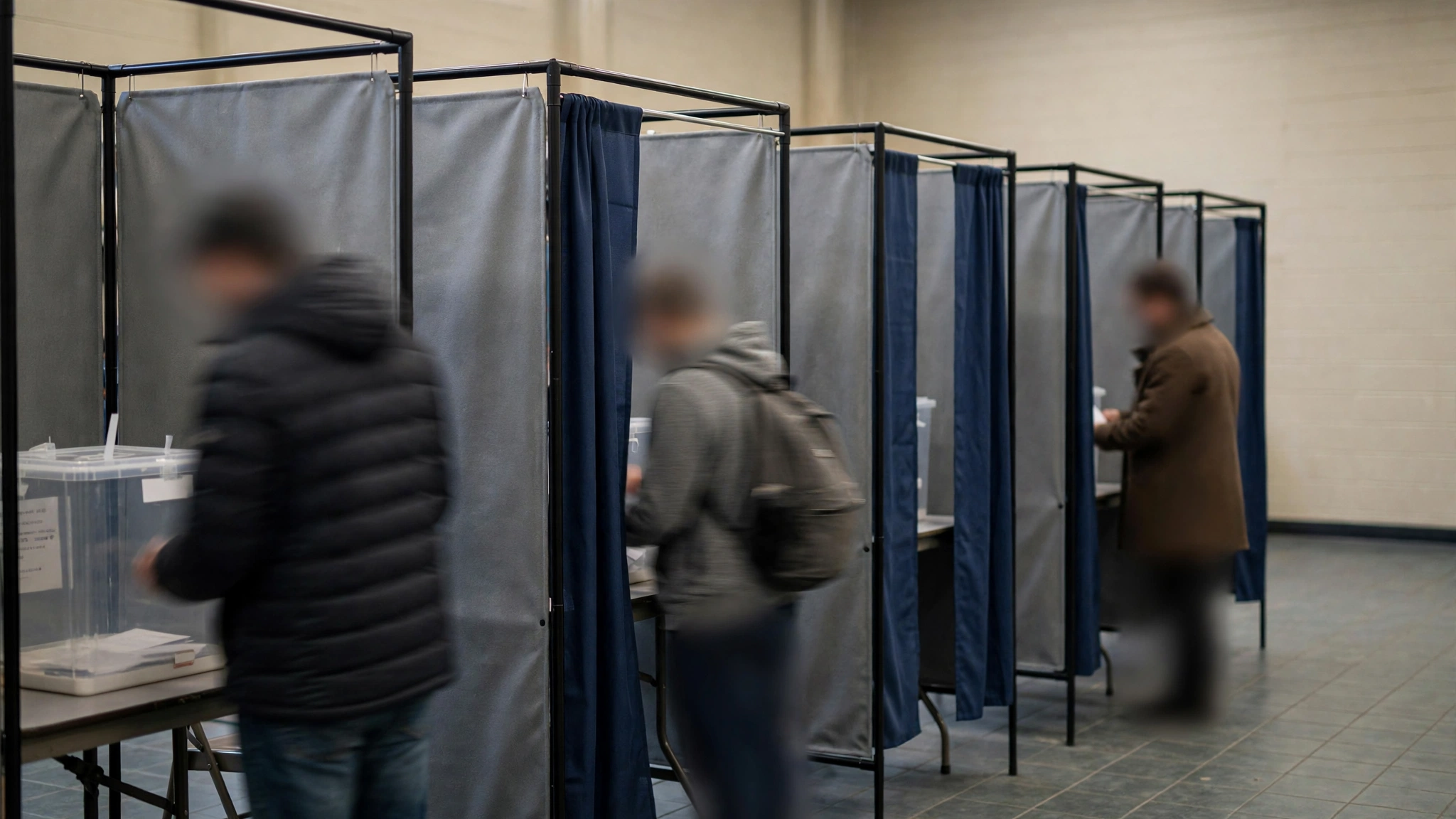 Voters standing at curtained voting booths inside a polling place, faces blurred