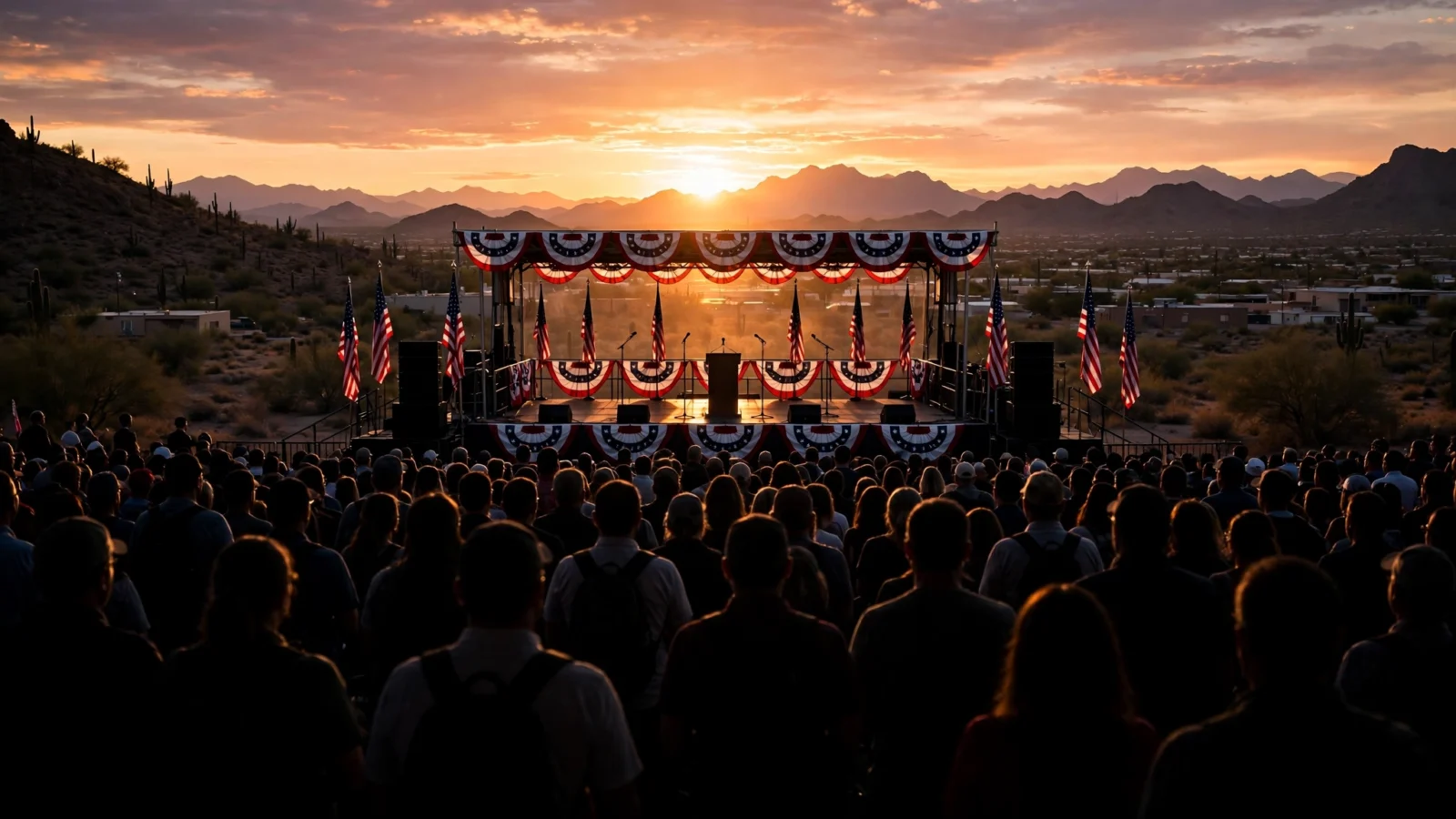 An outdoor rally stage decorated with American flags and bunting, with a crowd silhouetted against a desert sunset