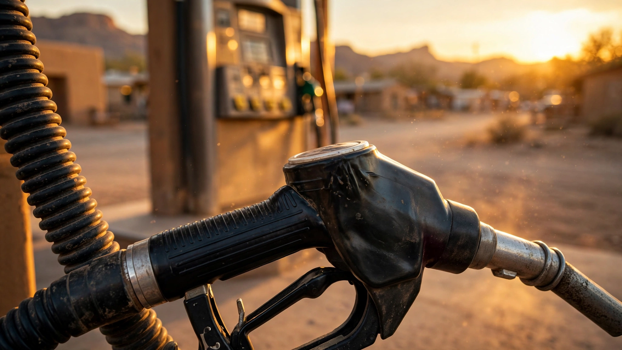 Close-up of a fuel pump nozzle at a desert gas station