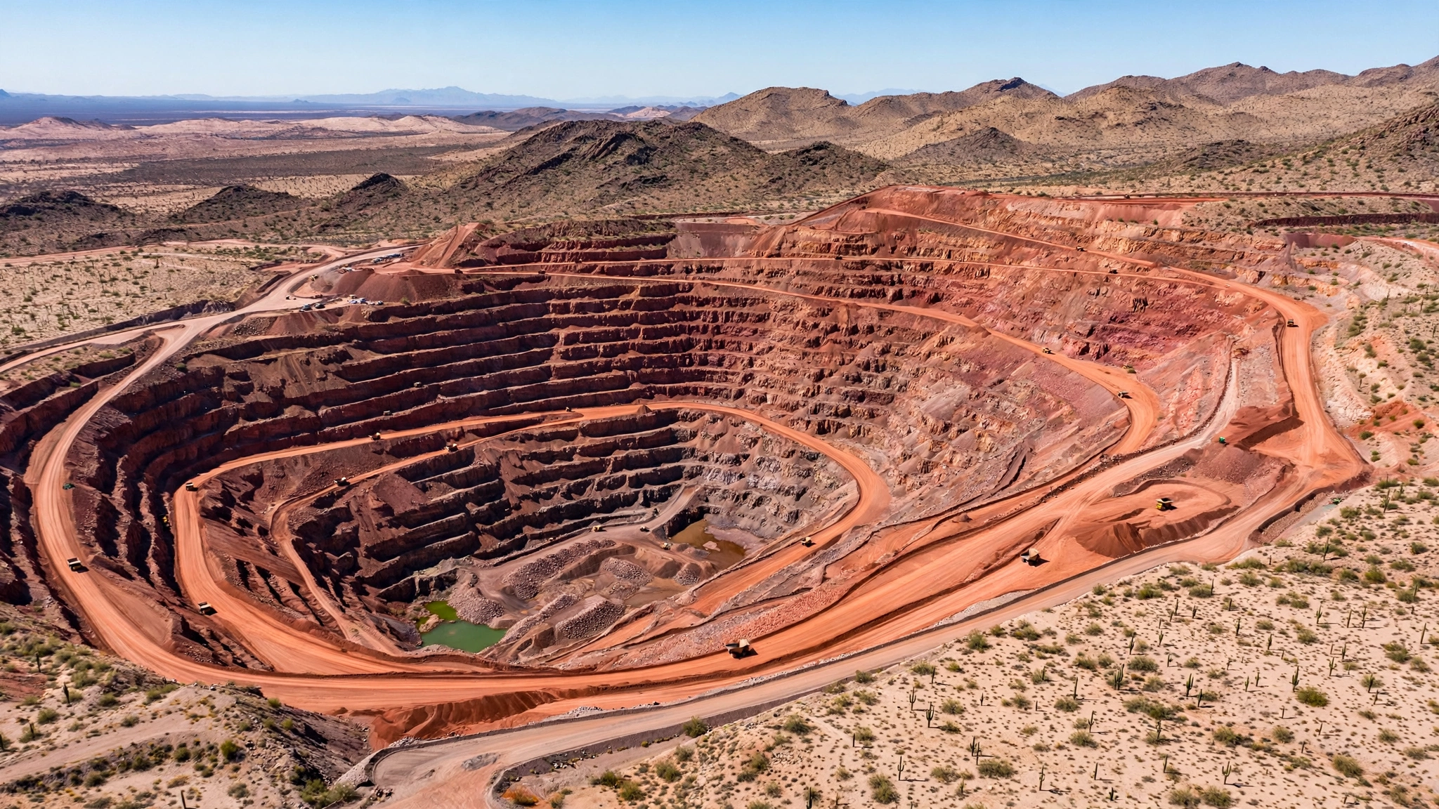 Terraced walls of an open-pit copper mine in the Arizona desert