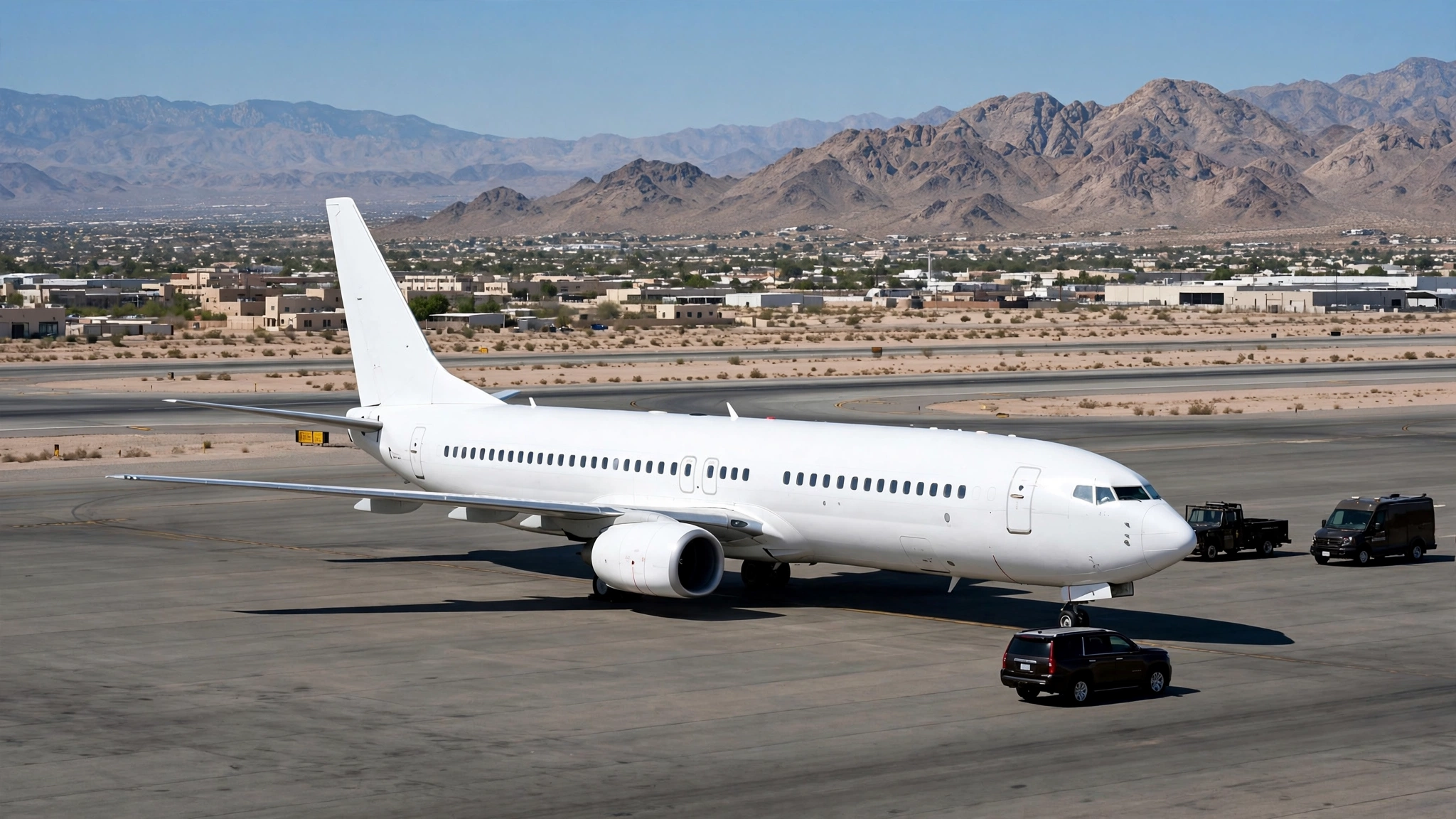 A white passenger airplane parked on an airport tarmac with desert mountains in the background