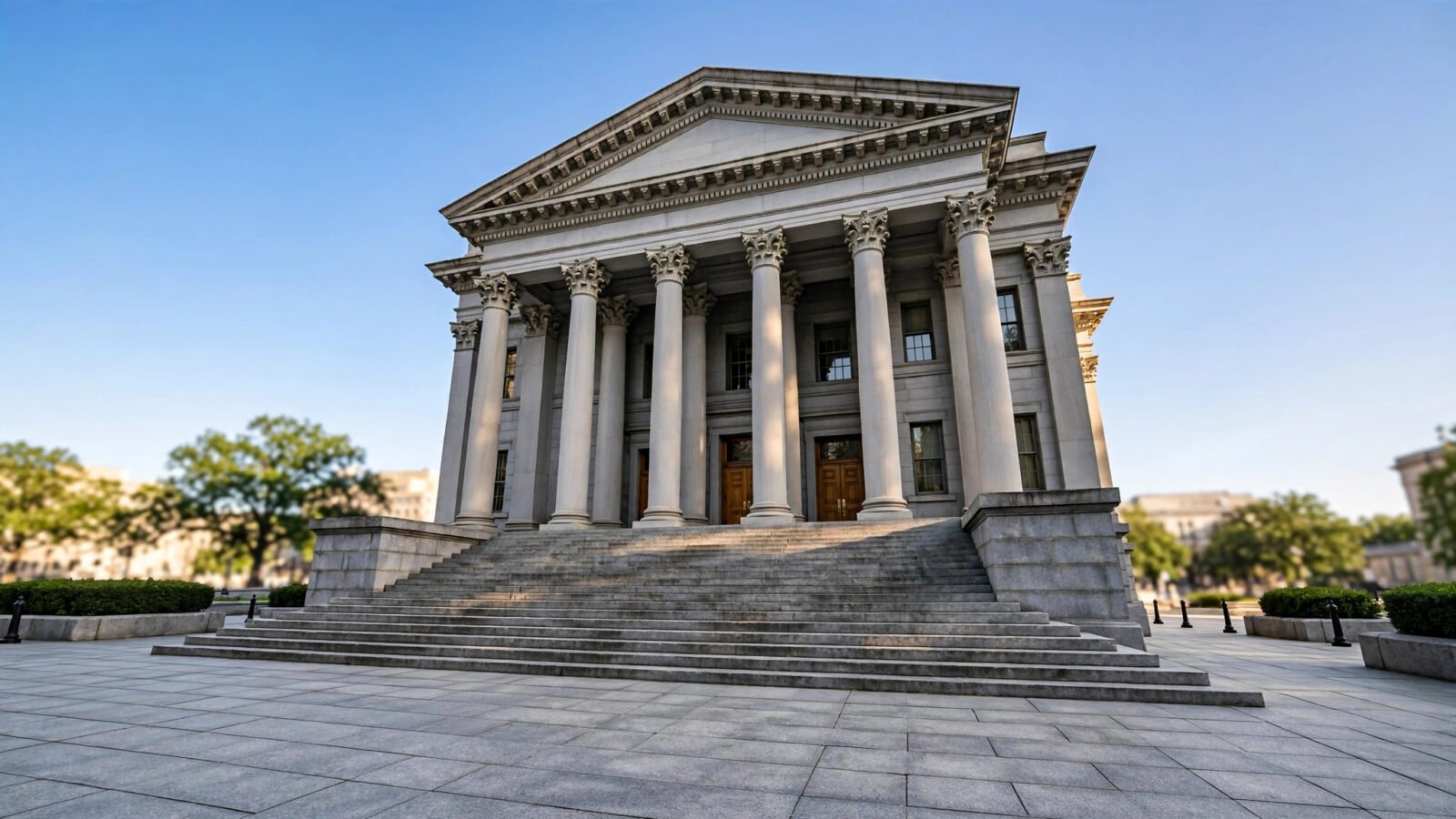 The stone facade of a federal courthouse with tall columns and wide steps