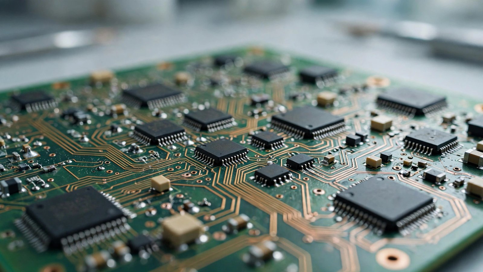 Close-up of a green computer circuit board with microchips and copper traces