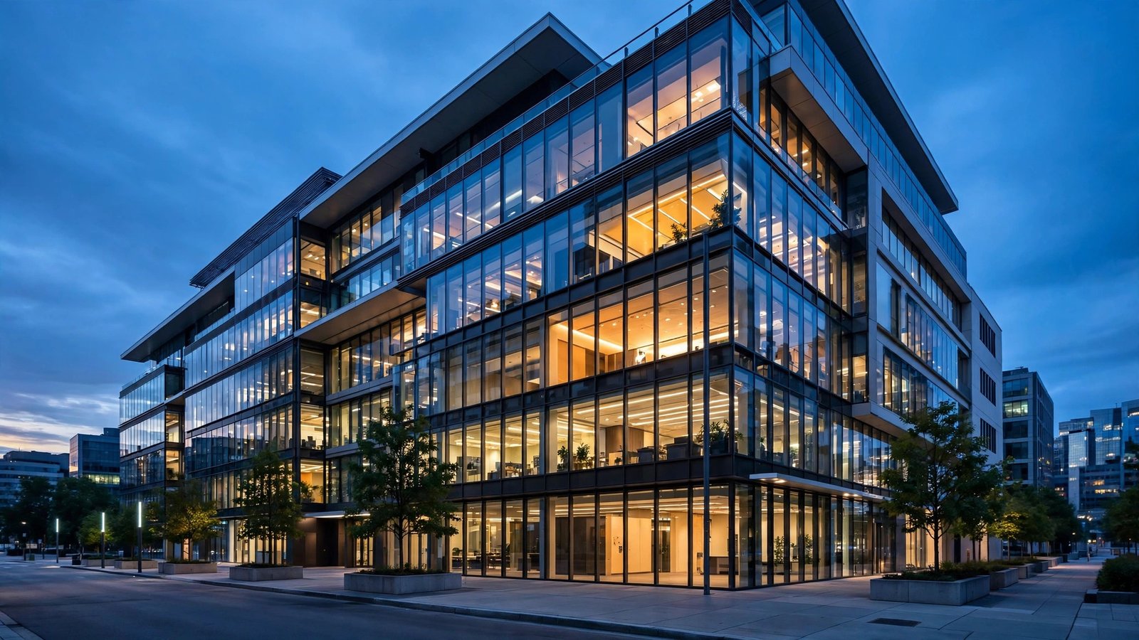 A modern glass office building with lit windows at dusk