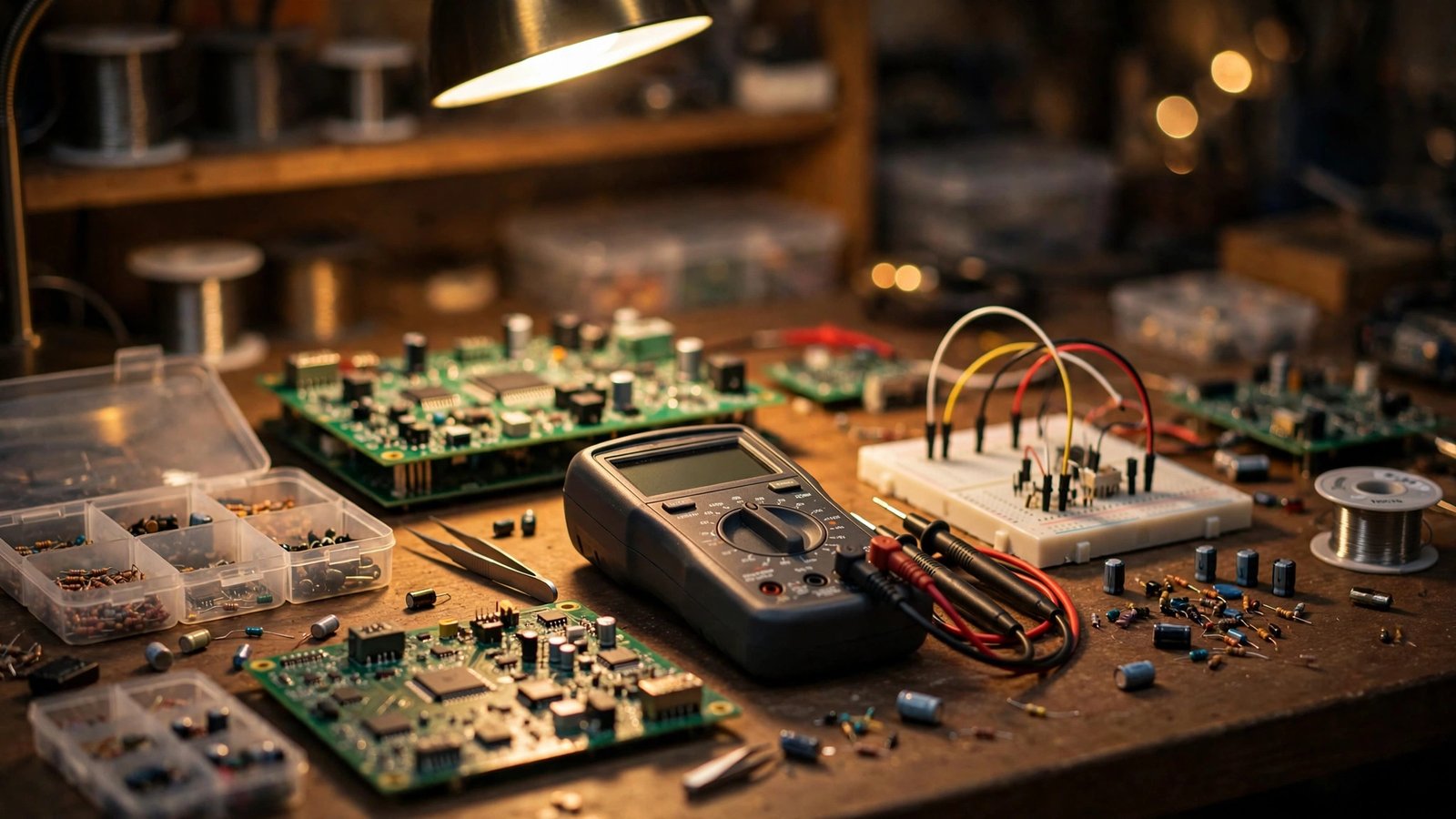 An electronics workbench with circuit boards, a multimeter and components under a desk lamp