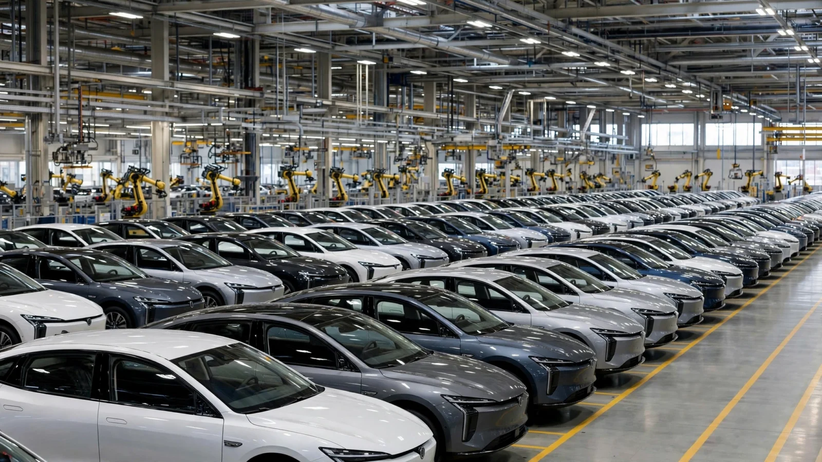 Rows of new cars on an assembly line inside a modern car factory.