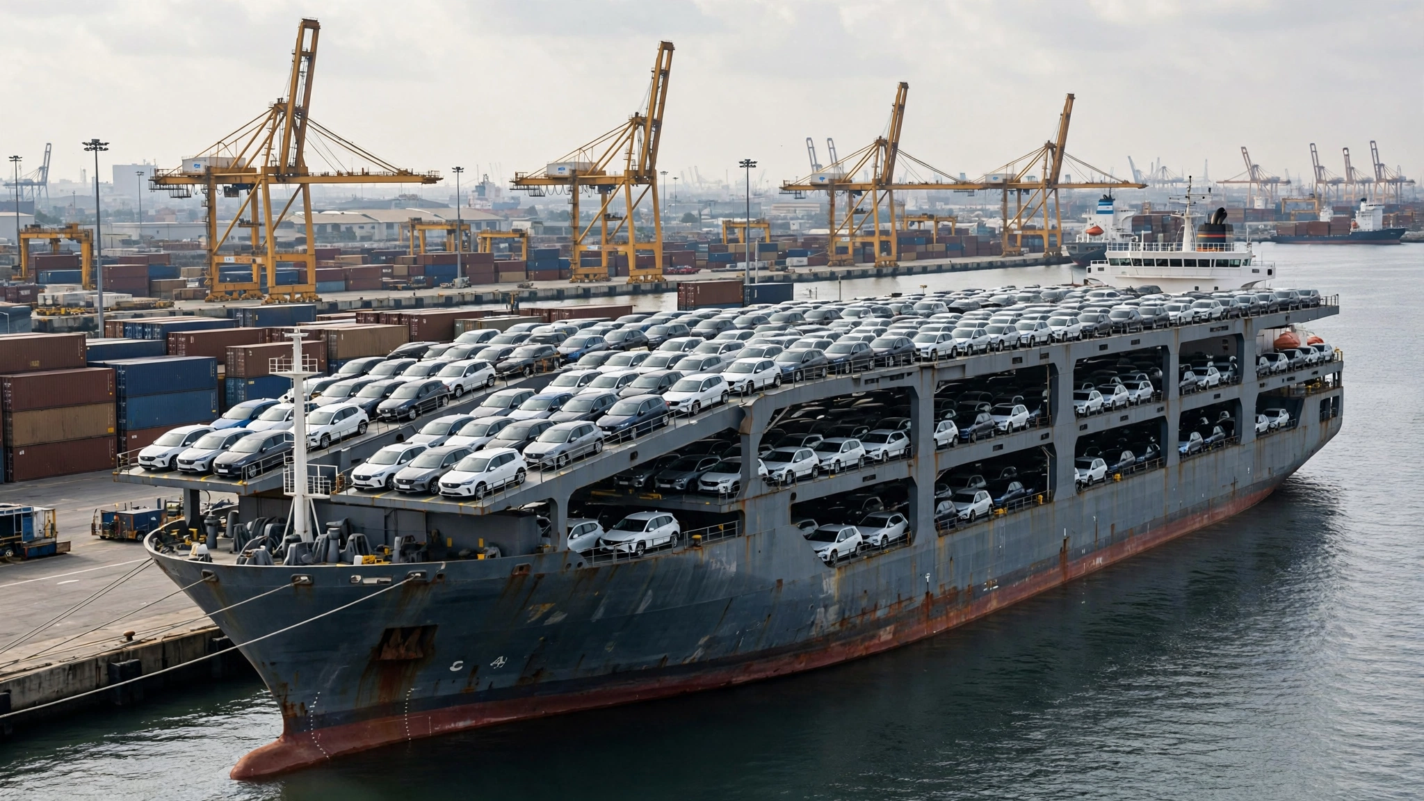 A car carrier ship loaded with new vehicles docked at a shipping port.