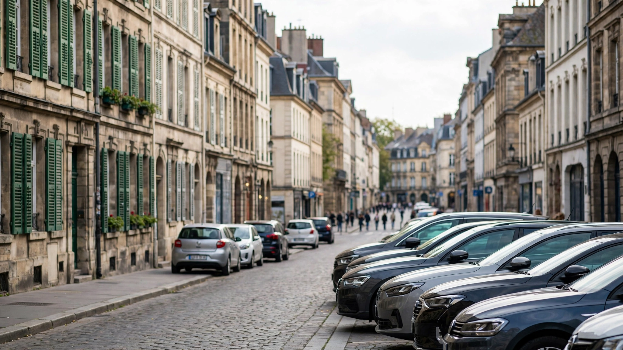 Parked cars line a cobblestone street in a European city.