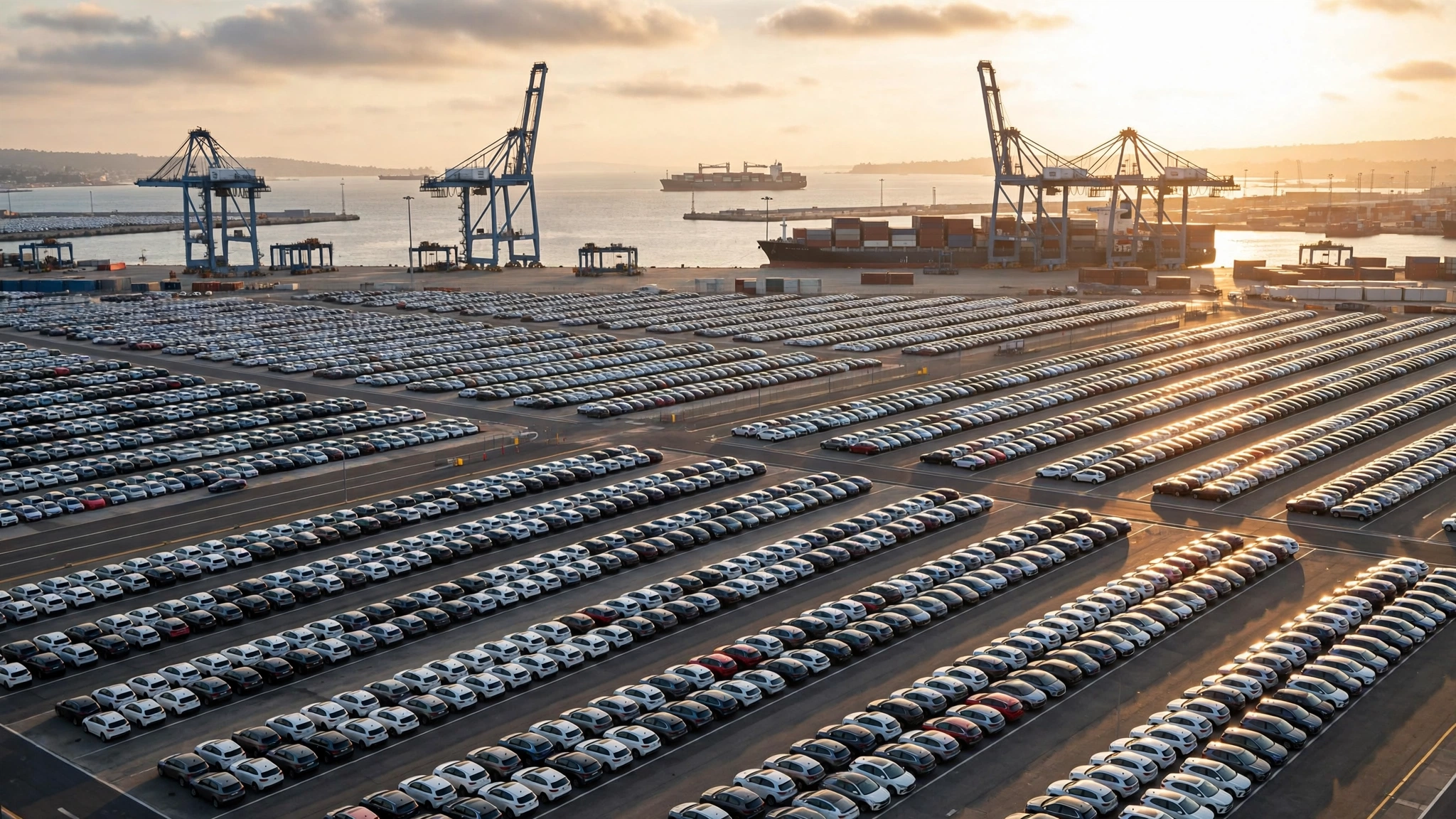 Thousands of new cars parked in rows at a port export terminal at sunset.