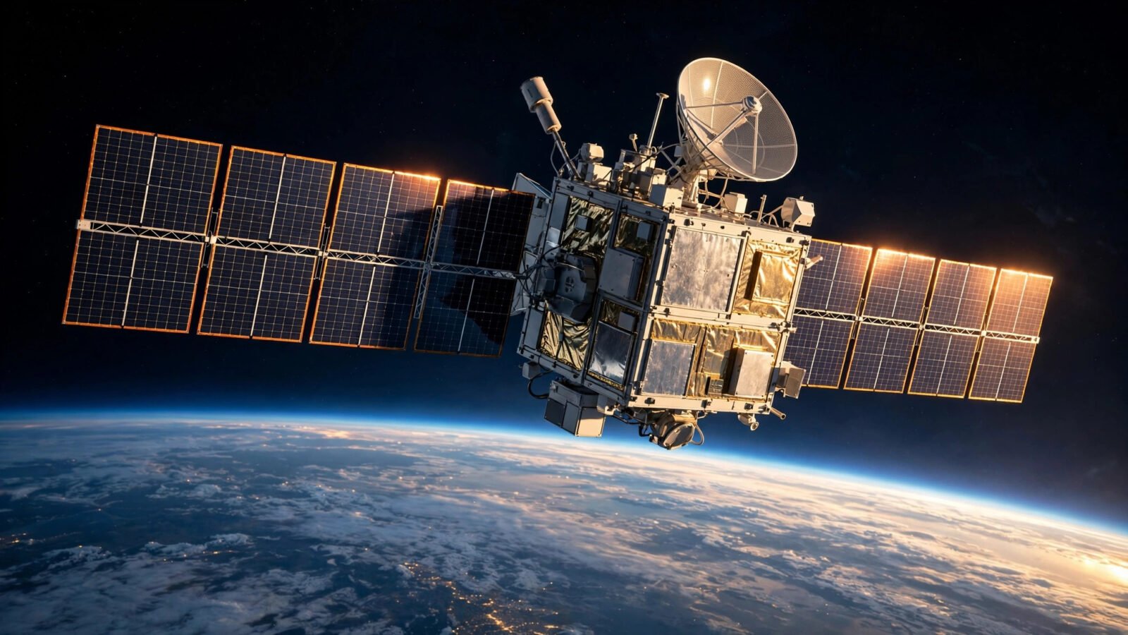 A communications satellite with extended solar panels in orbit above the curve of the Earth