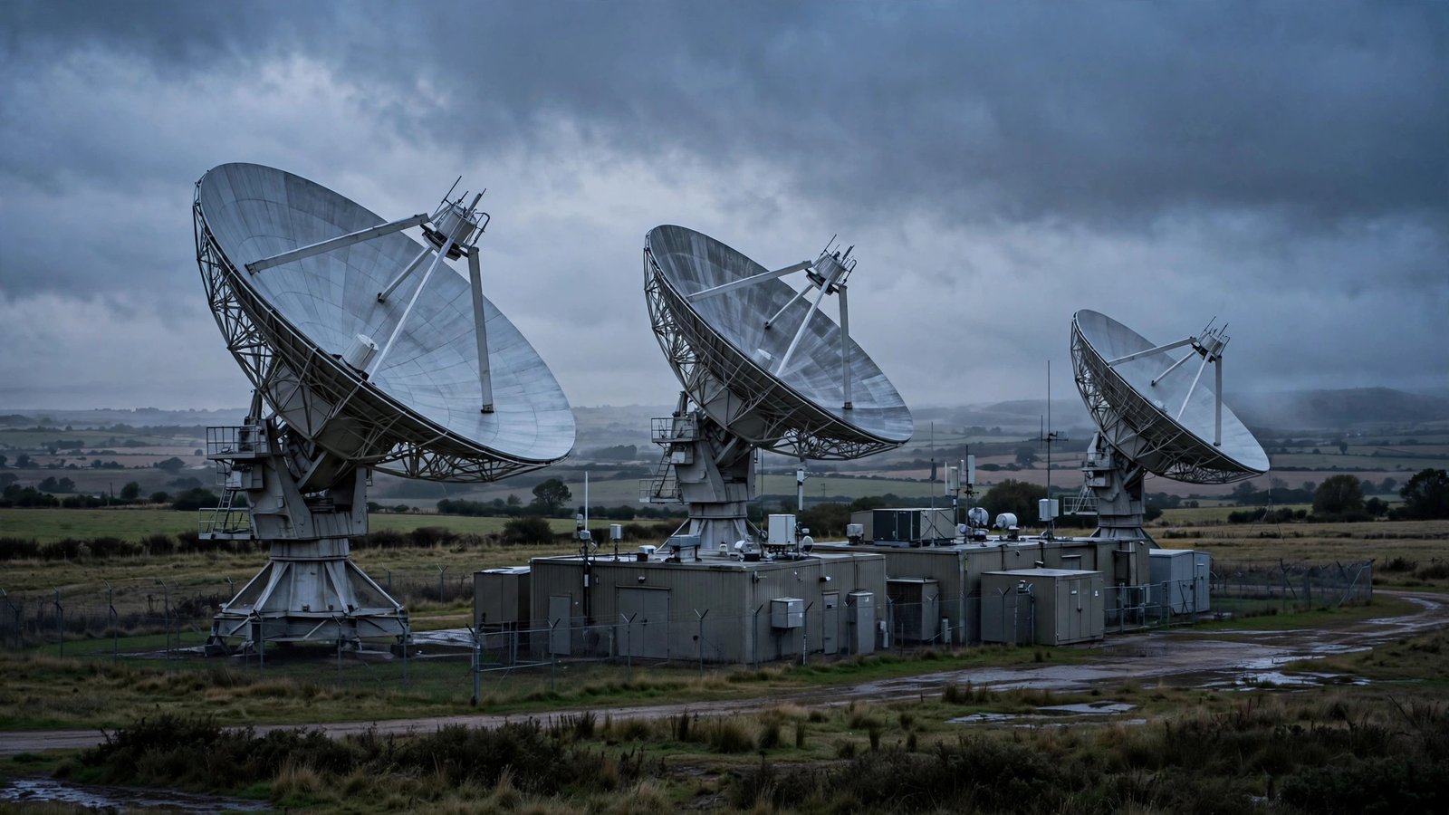 Three large satellite dish antennas at a ground station under overcast skies