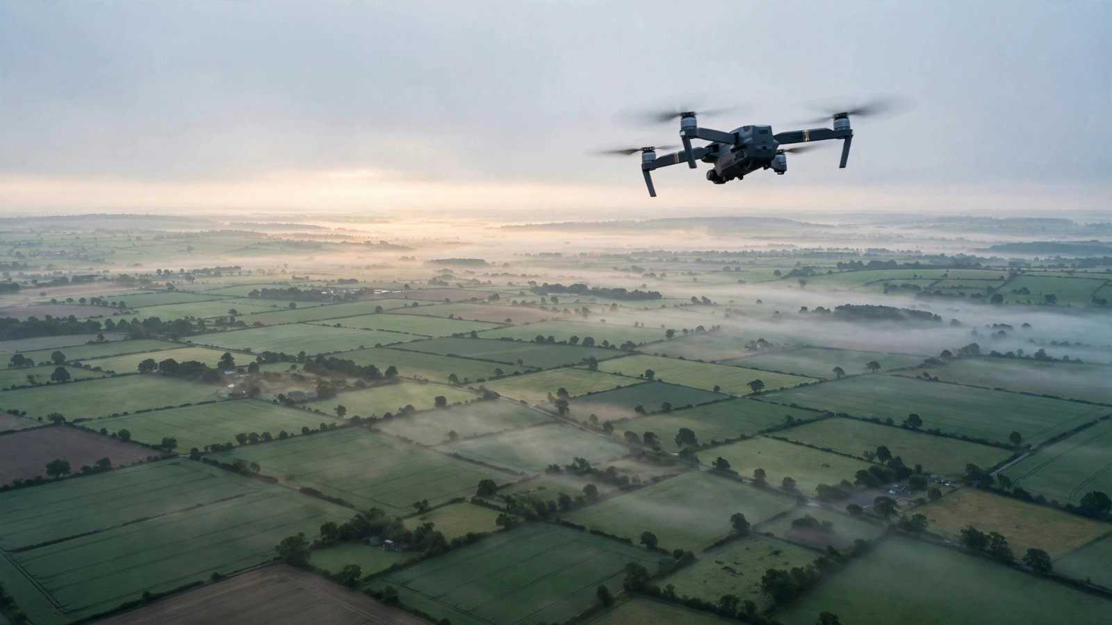 A small dark quadcopter drone in flight above green farmland at dawn
