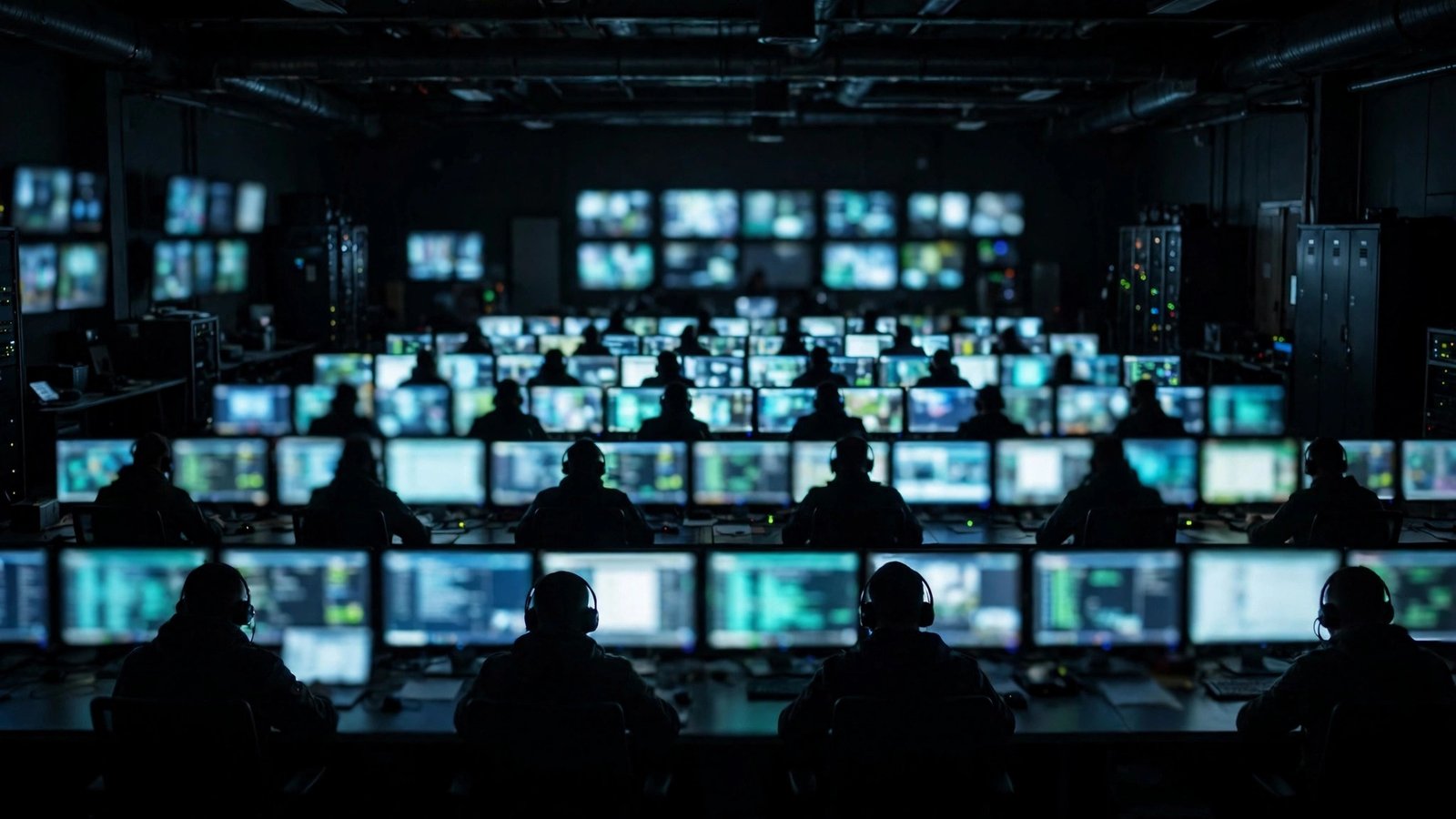 Silhouetted operators in a dark operations room facing rows of glowing computer monitors