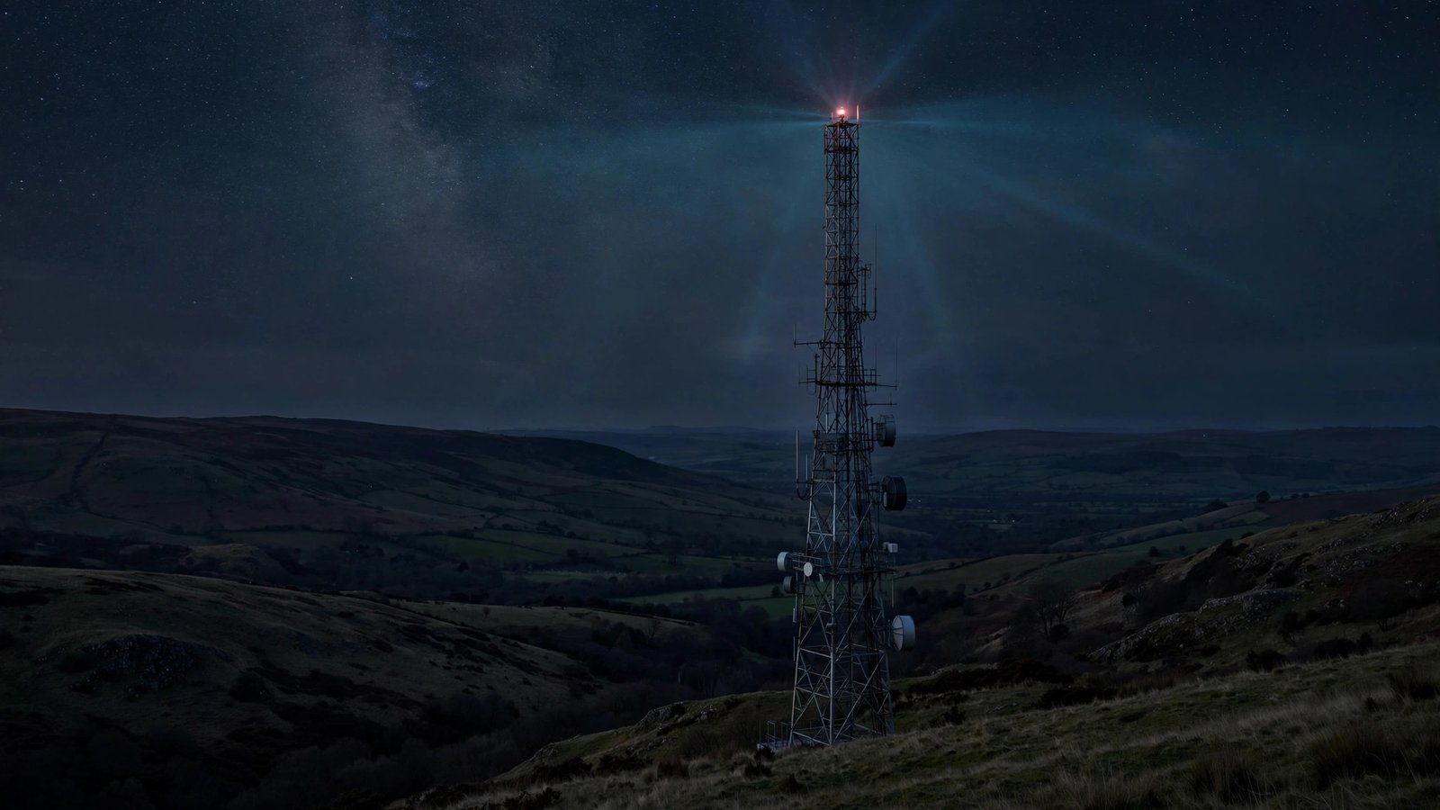 A tall radio communications tower with a red beacon light on a hillside at night