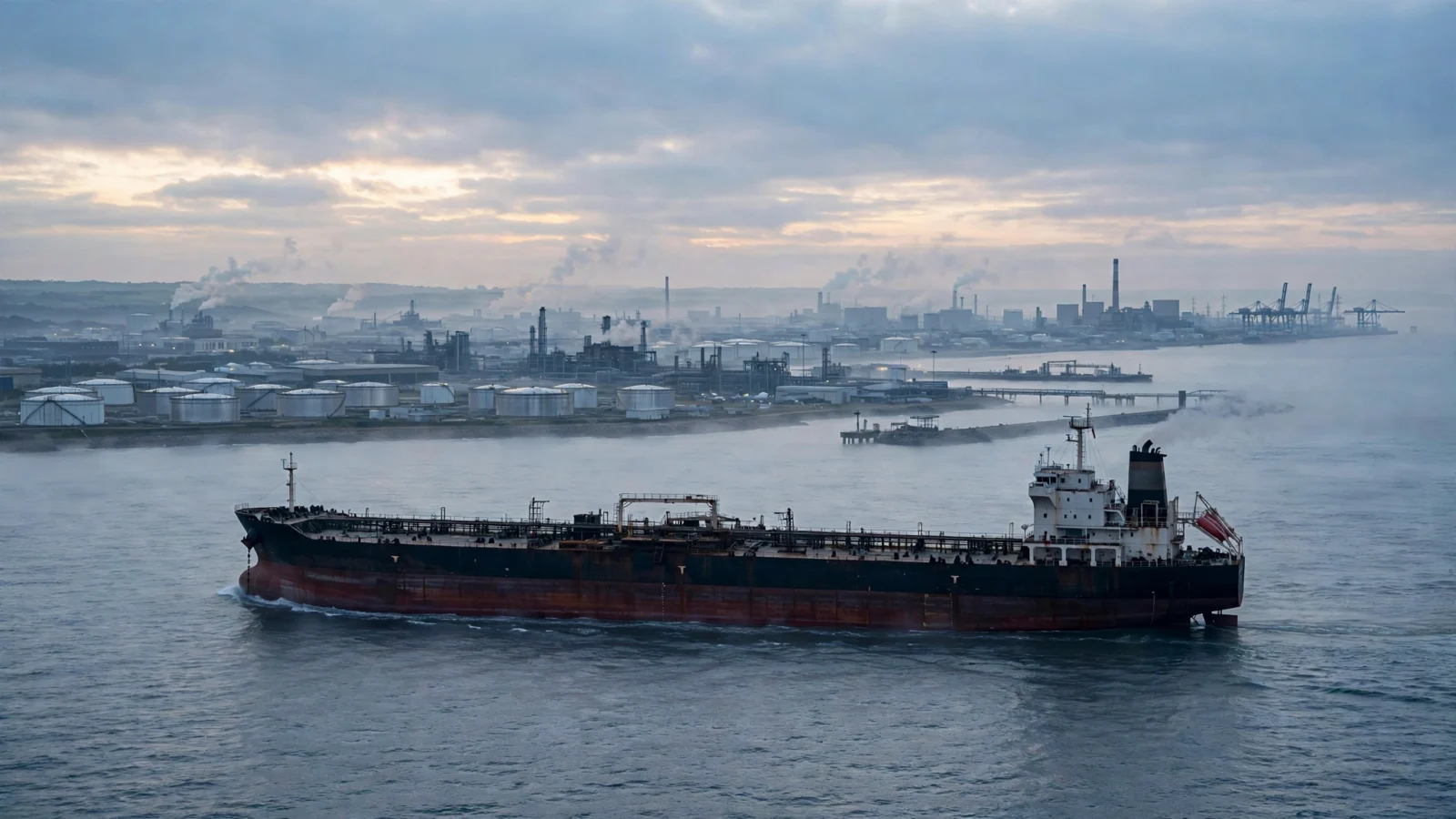 A crude oil tanker sails near an industrial port at dawn.