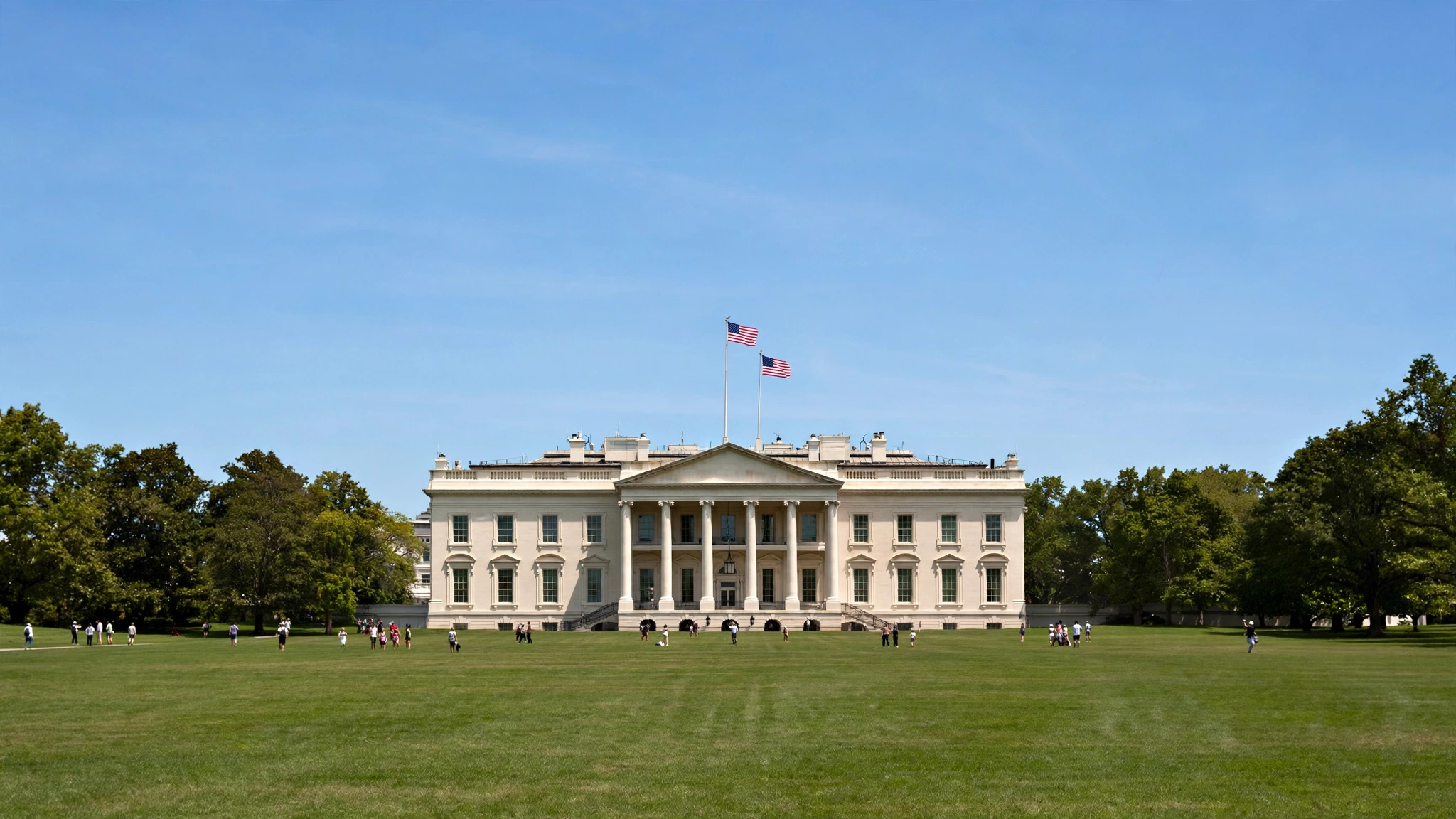 The White House in Washington, D.C., seen from the South Lawn on a clear day.