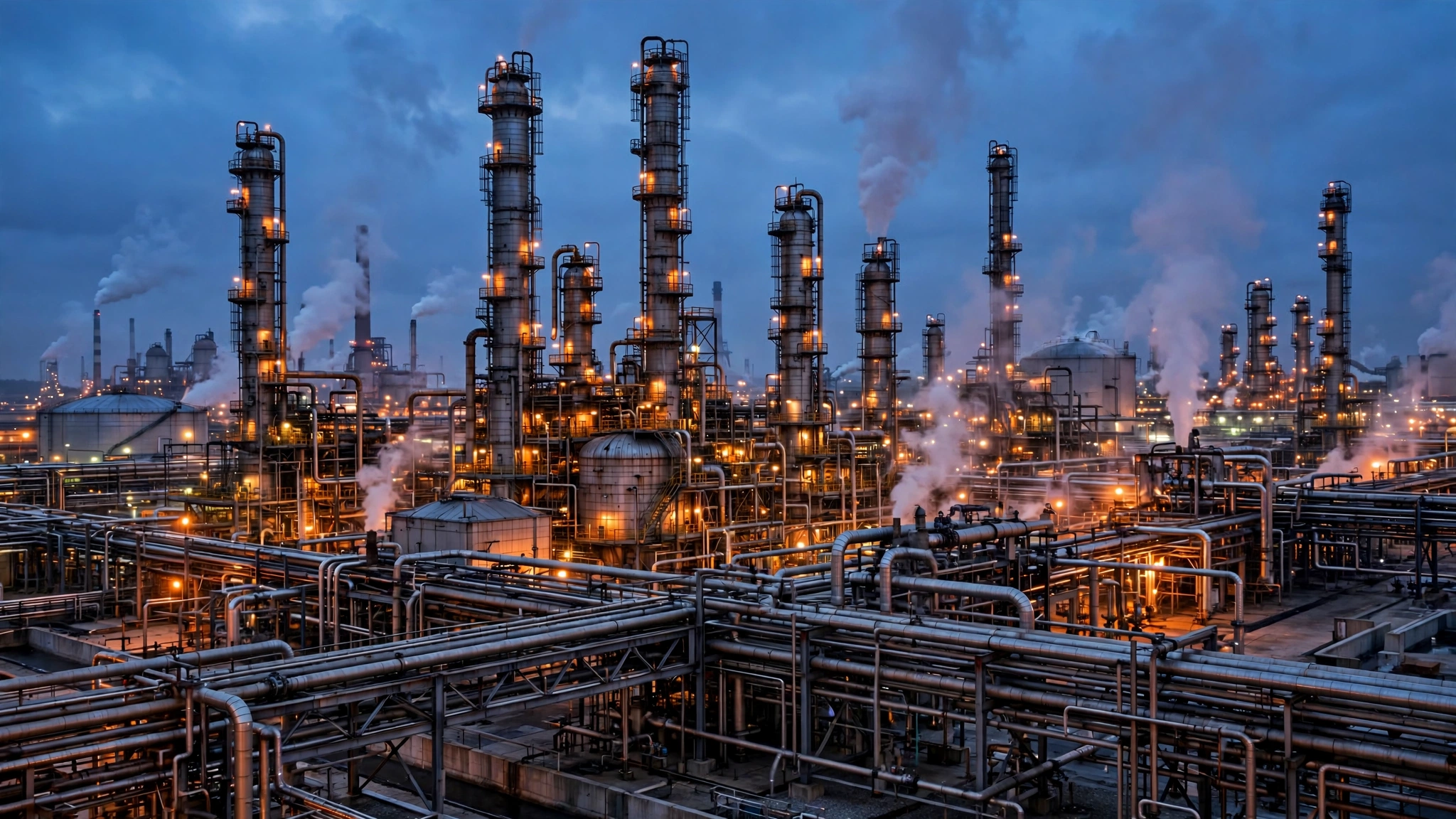 An oil refinery with distillation towers and pipelines glowing at dusk.