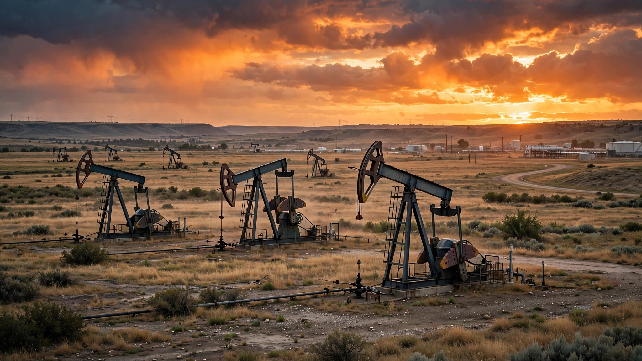 Oil pumpjacks work in an open field under a dramatic sunset sky.