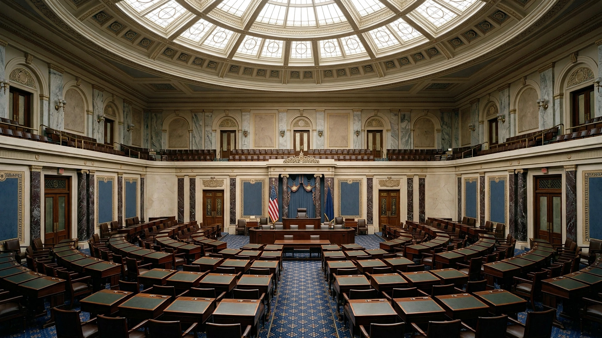 The empty interior of the United States Senate chamber.