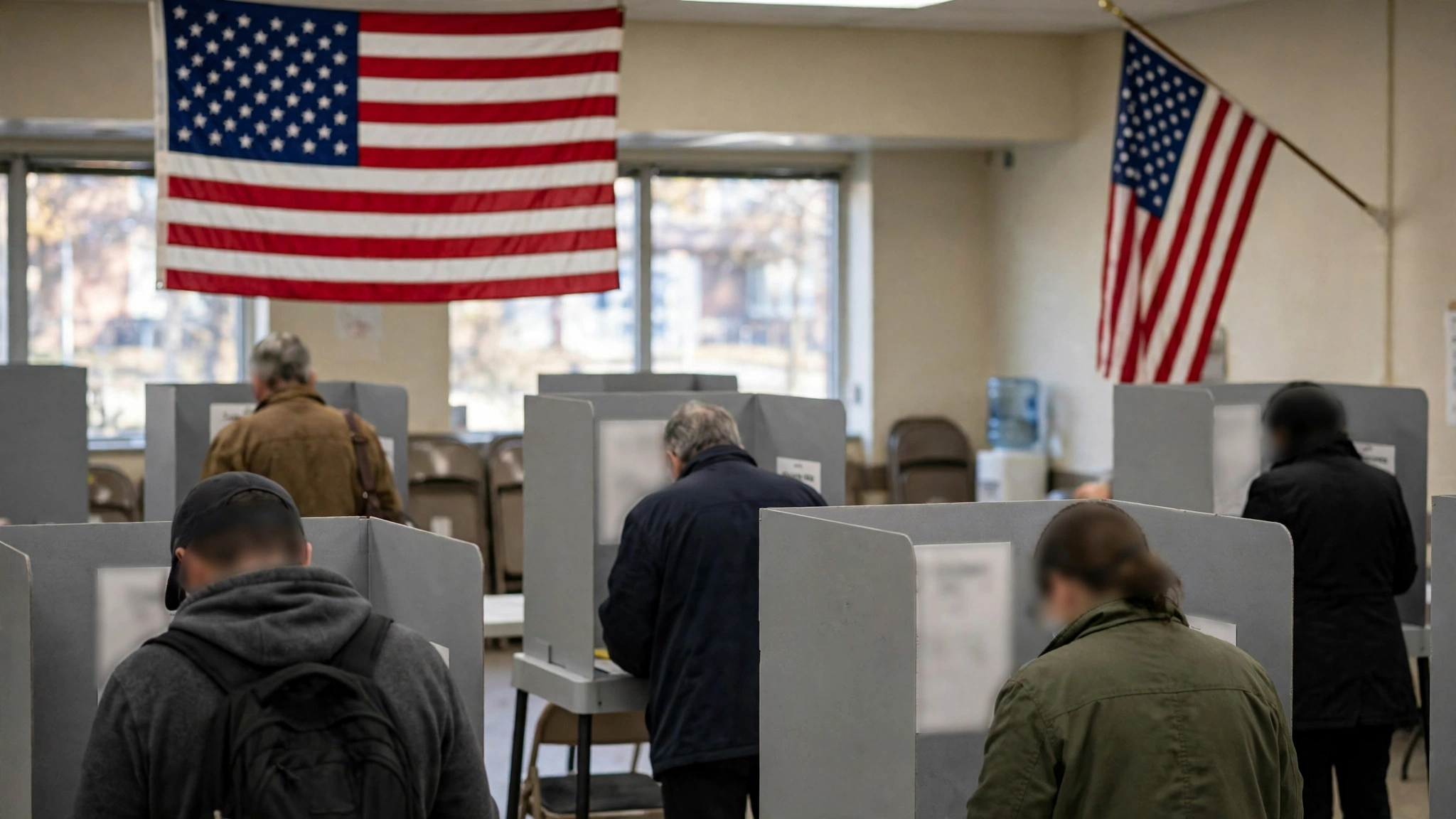 Voters casting ballots at voting booths in a polling place.