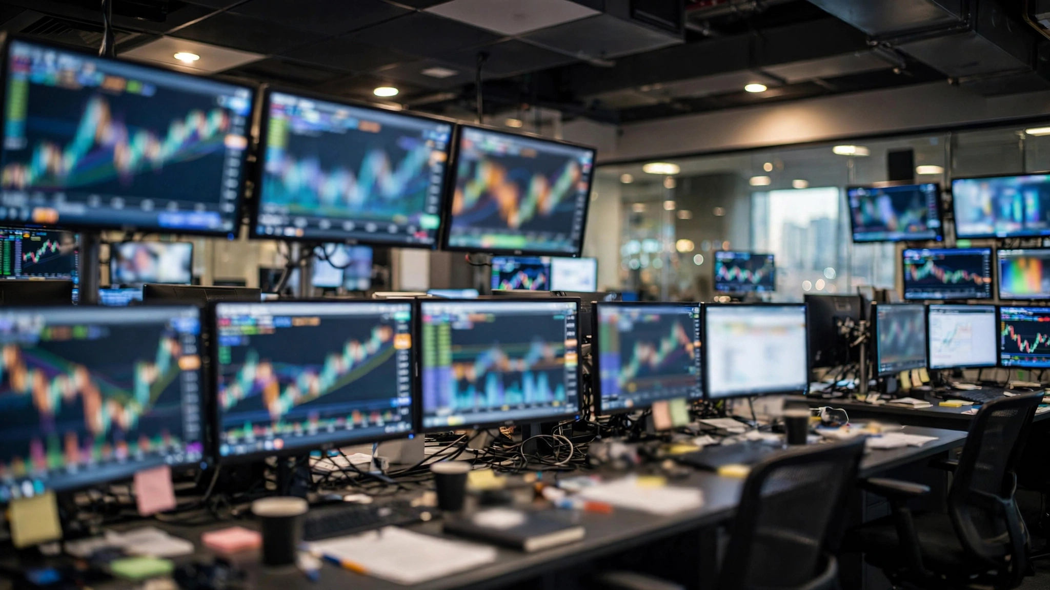 Market charts on screens in a financial trading room.