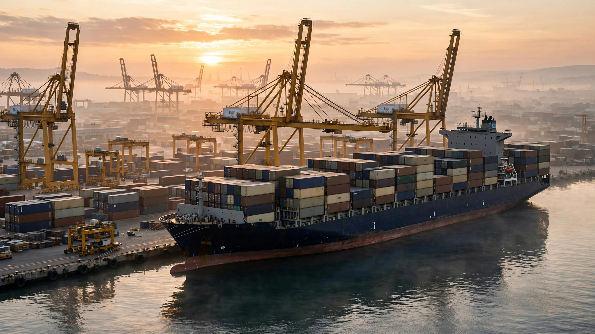 A container ship docked at a busy cargo port at sunrise.