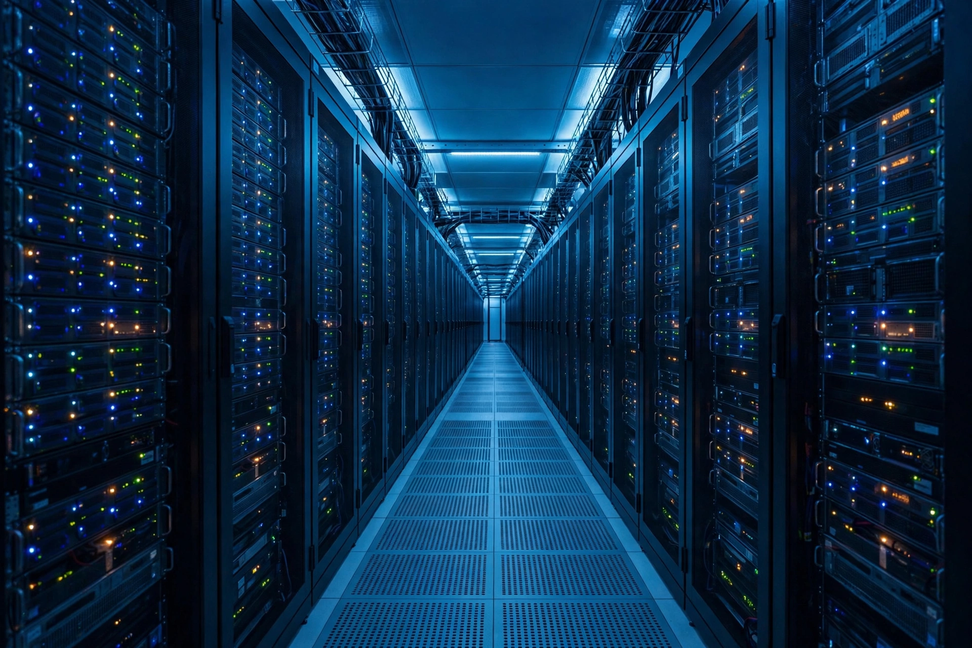 Long corridor between rows of glowing server racks in a data center