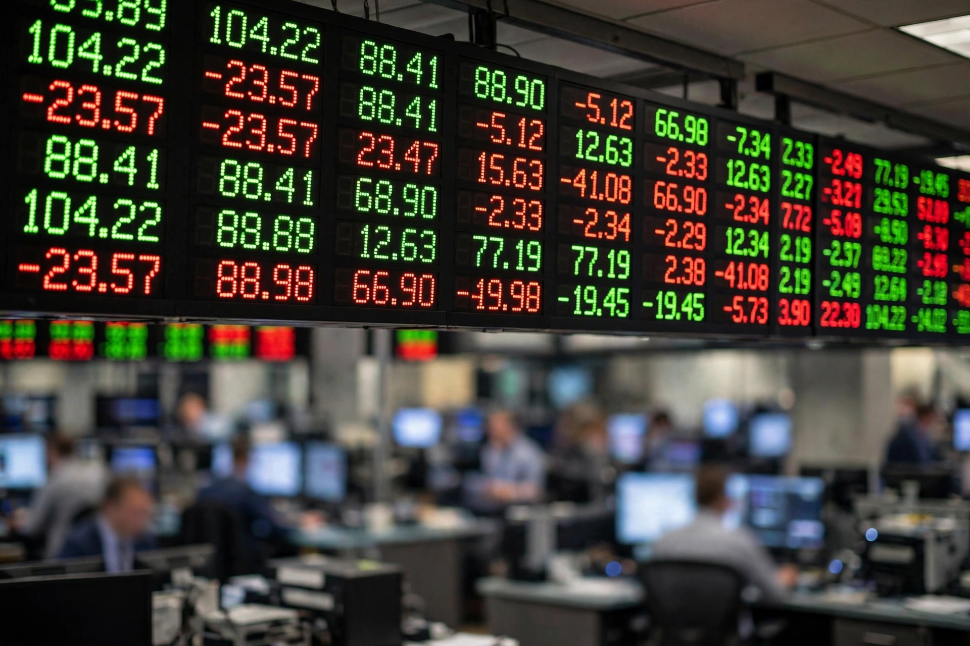 Electronic stock ticker boards showing red and green numbers above a trading floor