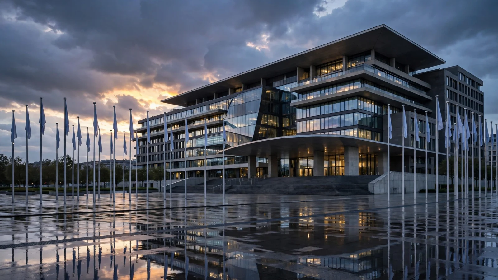 A modern European government conference building with flagpoles at dusk, wet pavement reflecting the sky