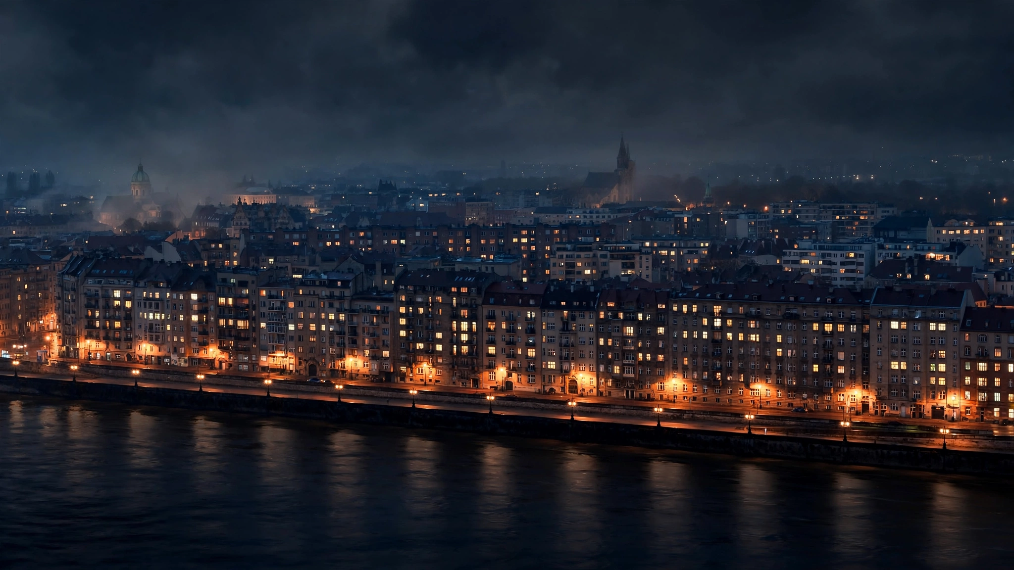 A European capital city skyline at night with lit windows and streetlights along a river