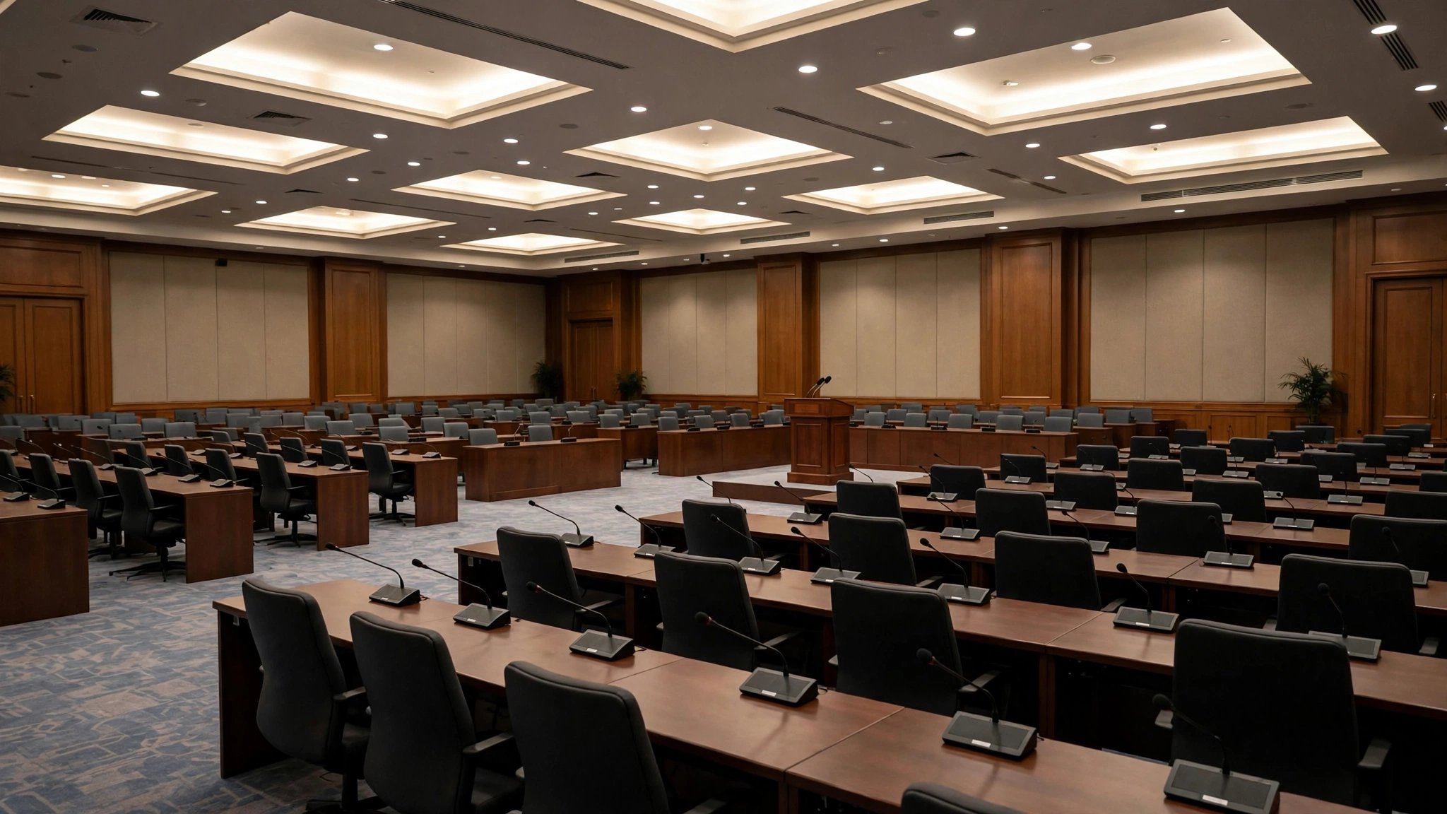 An empty diplomatic conference hall with rows of desks, microphones and a podium