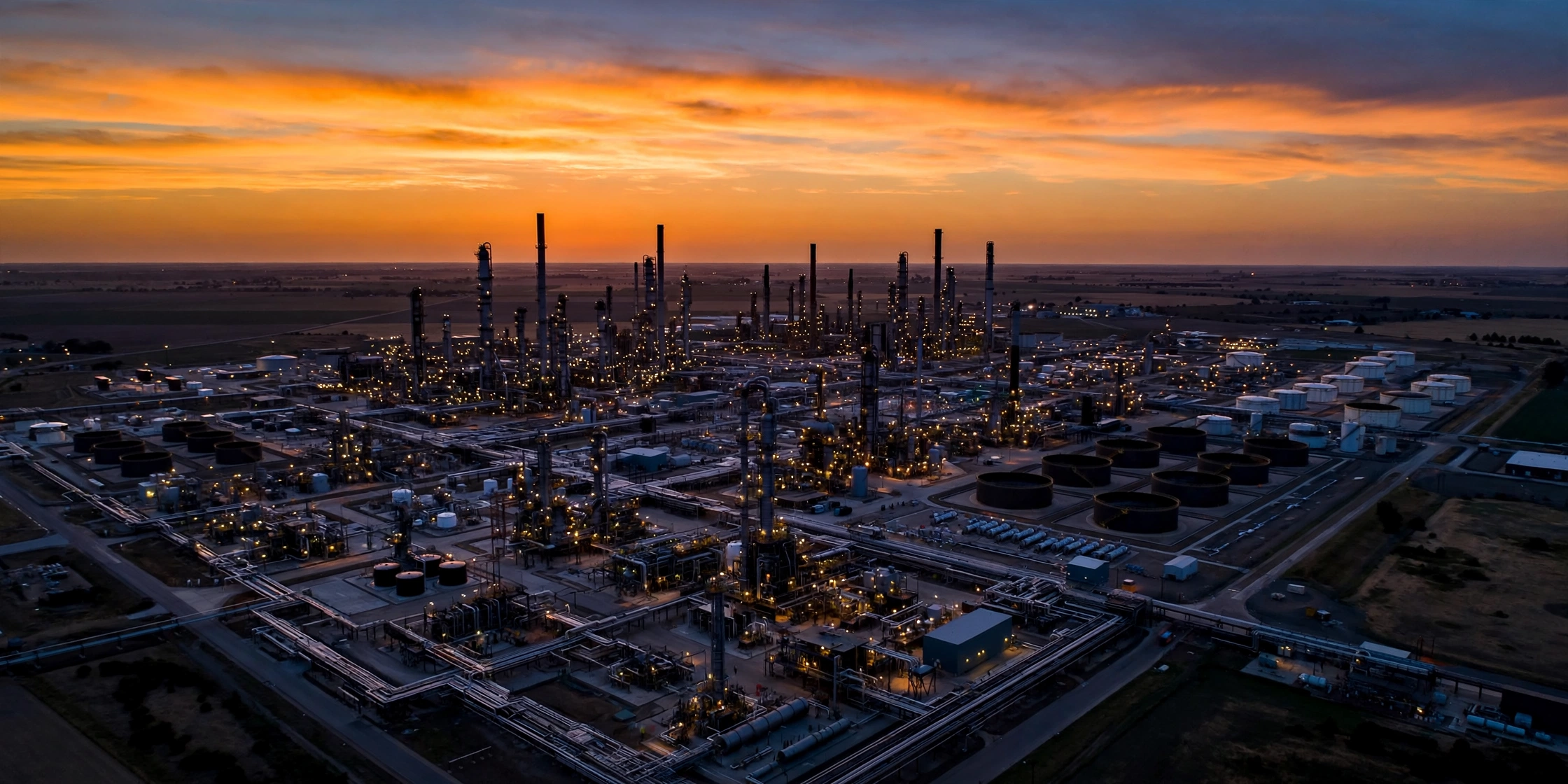 An aerial view of a large oil refinery with towers and pipes lit up at dusk