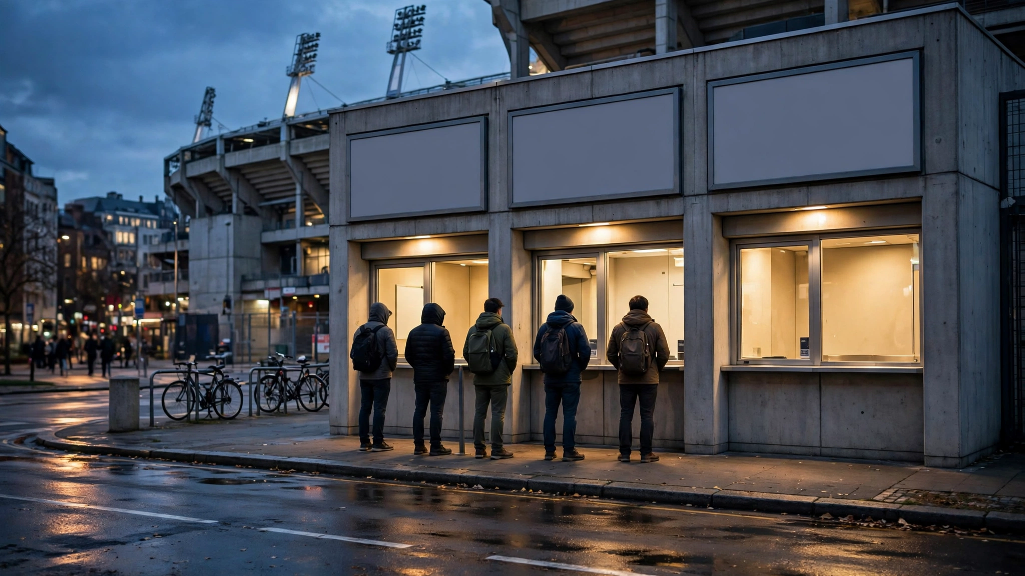 A queue of people standing at a lit stadium box office ticket window at dusk