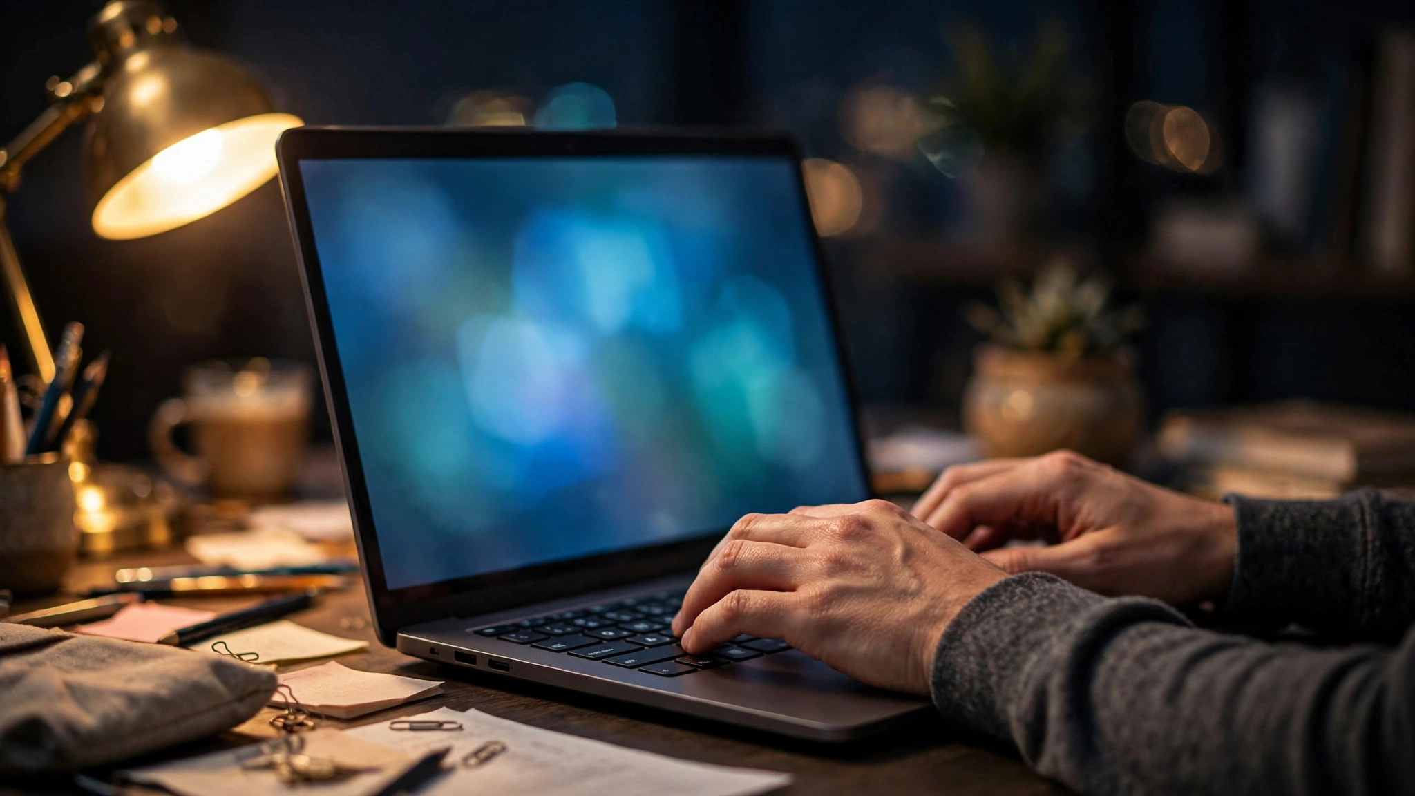 Hands typing on a glowing laptop keyboard on a desk at night with a desk lamp