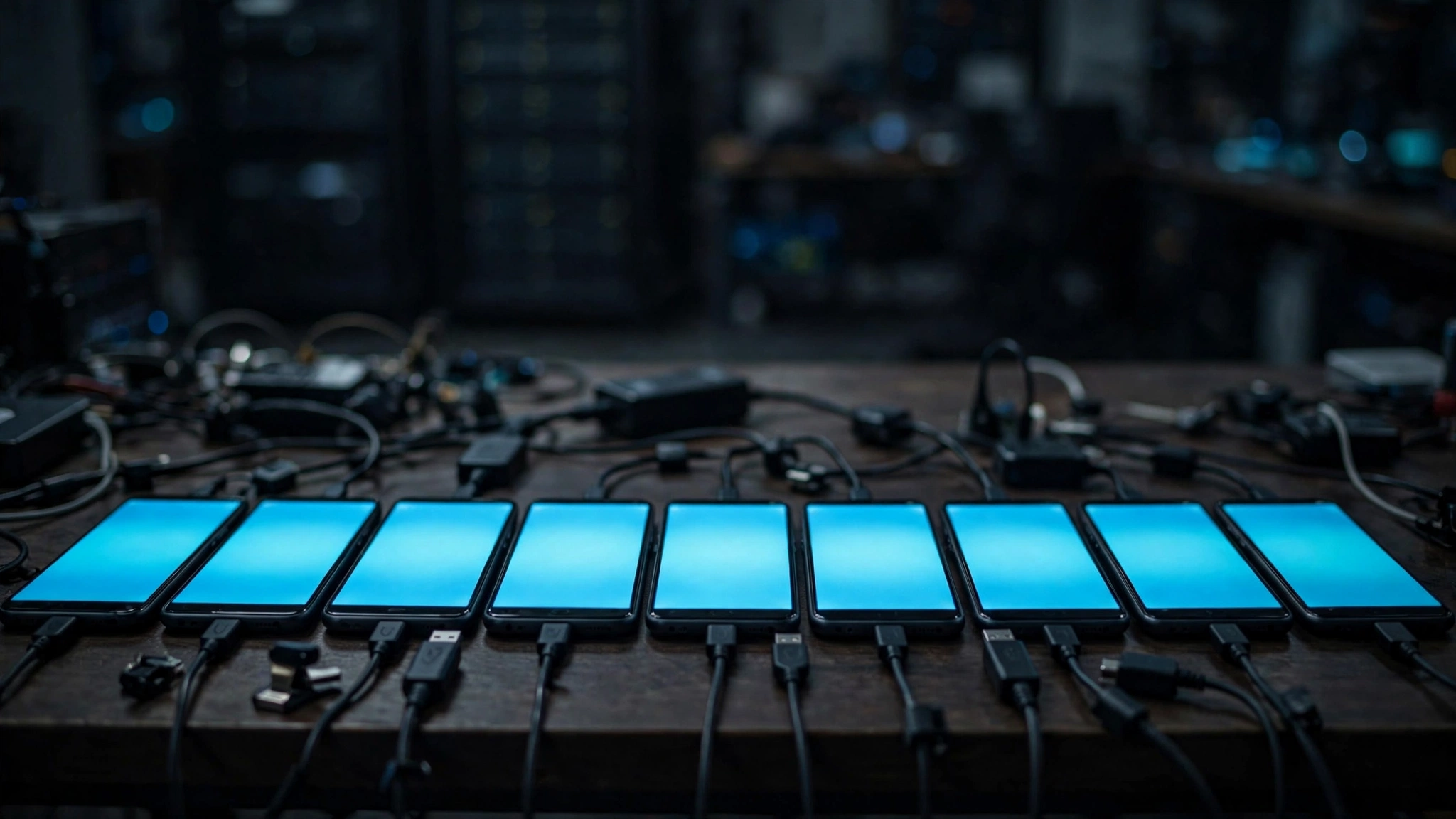 A row of identical smartphones with glowing screens lined up on a desk and plugged into cables