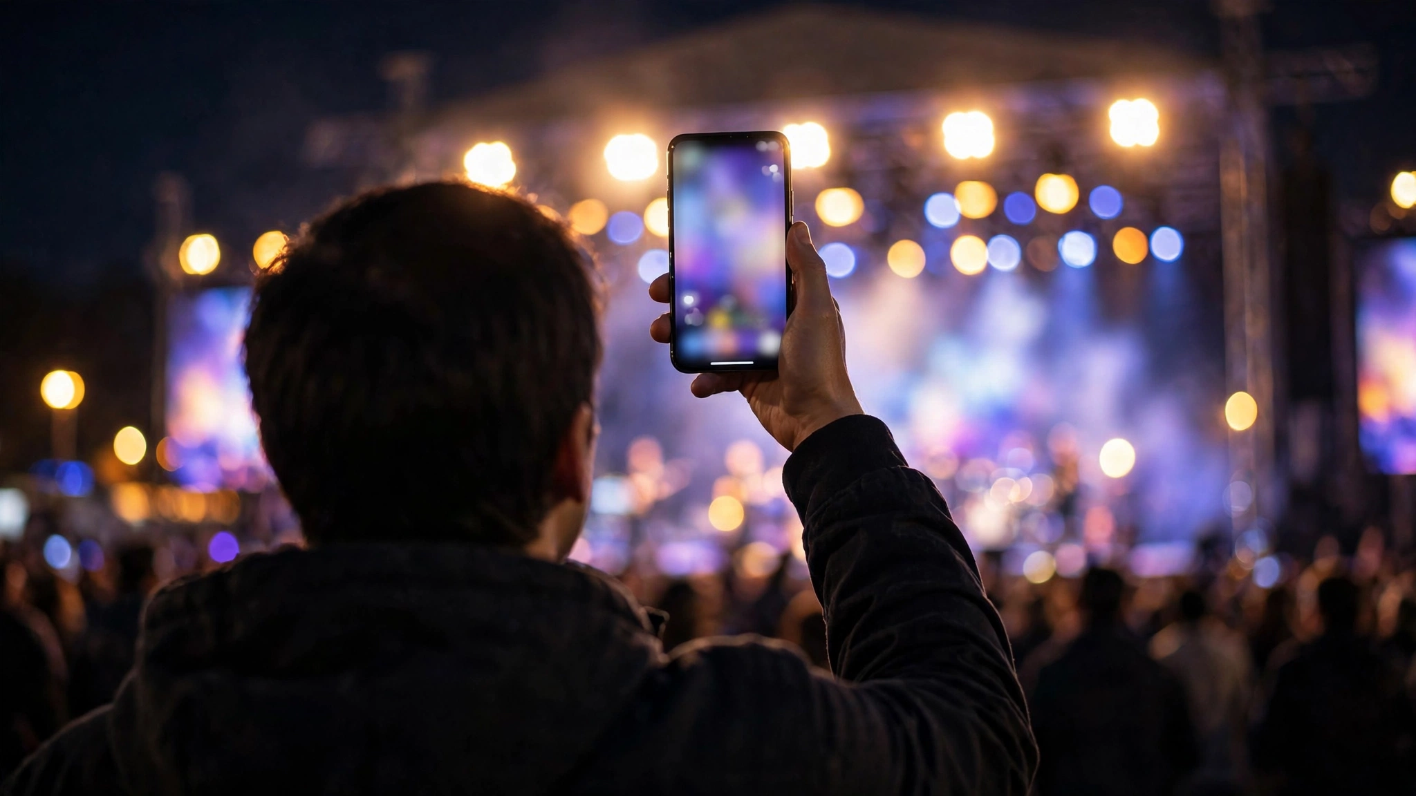 The back of a concertgoer holding up a smartphone in front of brightly lit stage lights at night