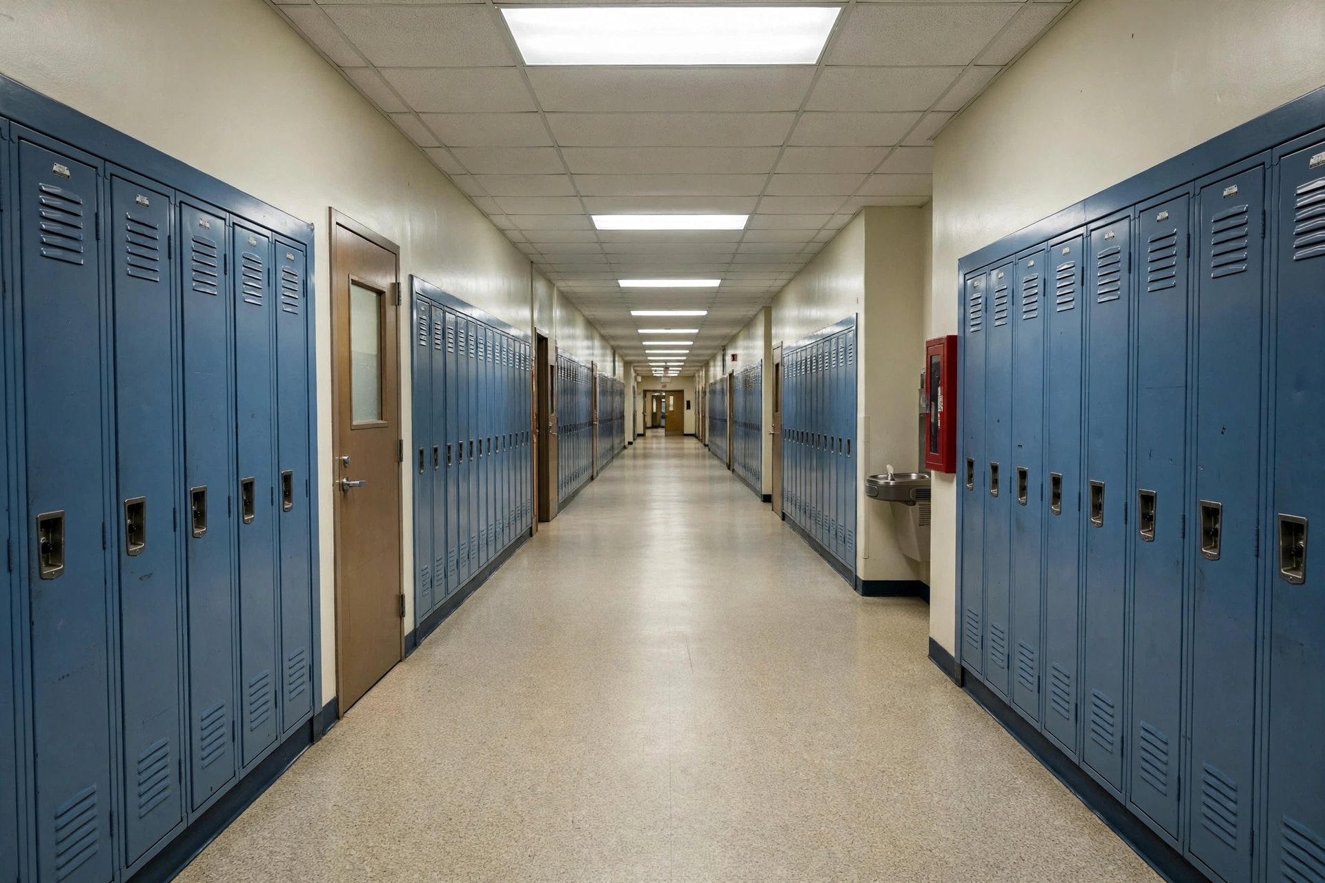 Empty elementary school hallway lined with blue lockers