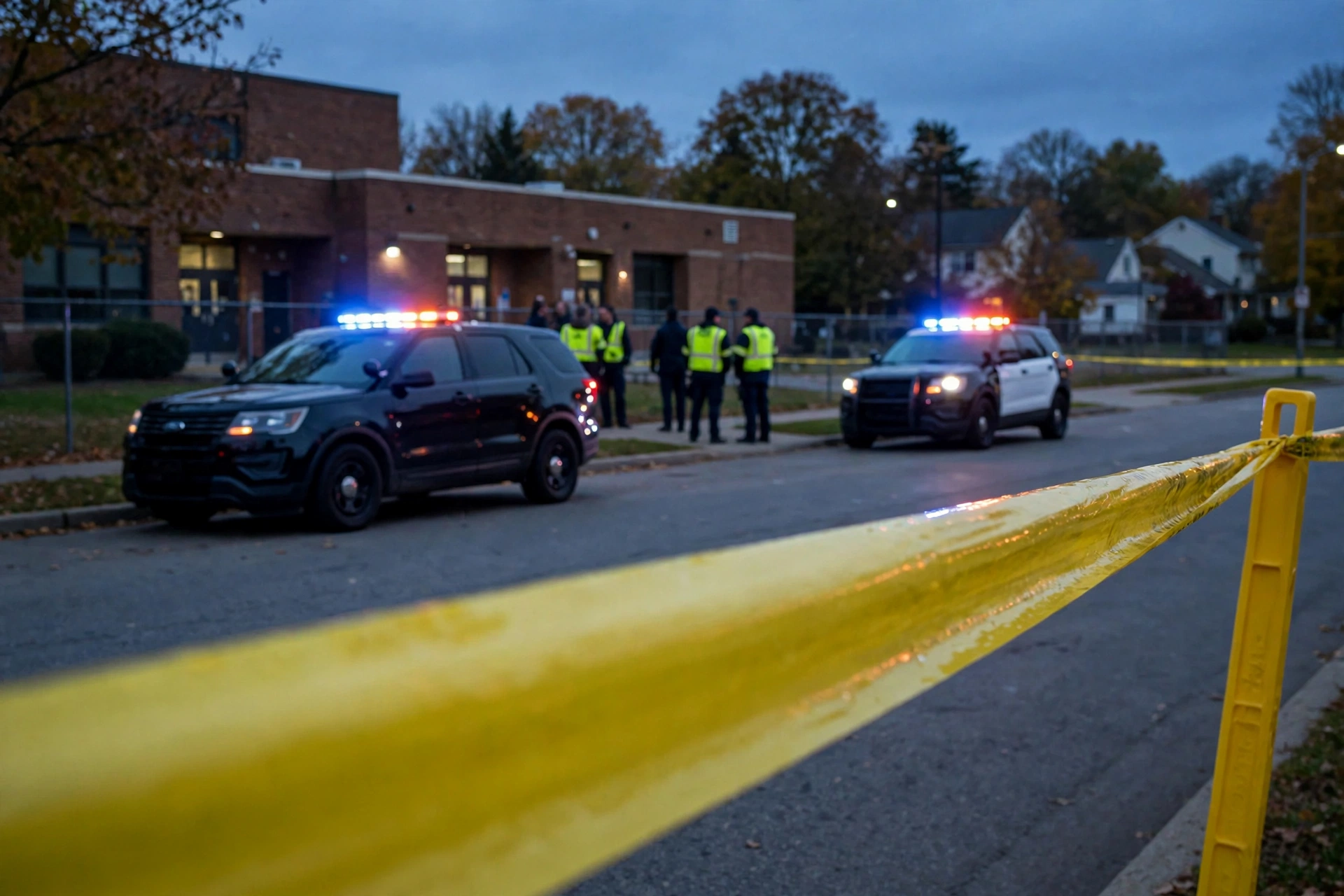 Police cars with flashing lights behind yellow caution tape outside a brick school building at dusk