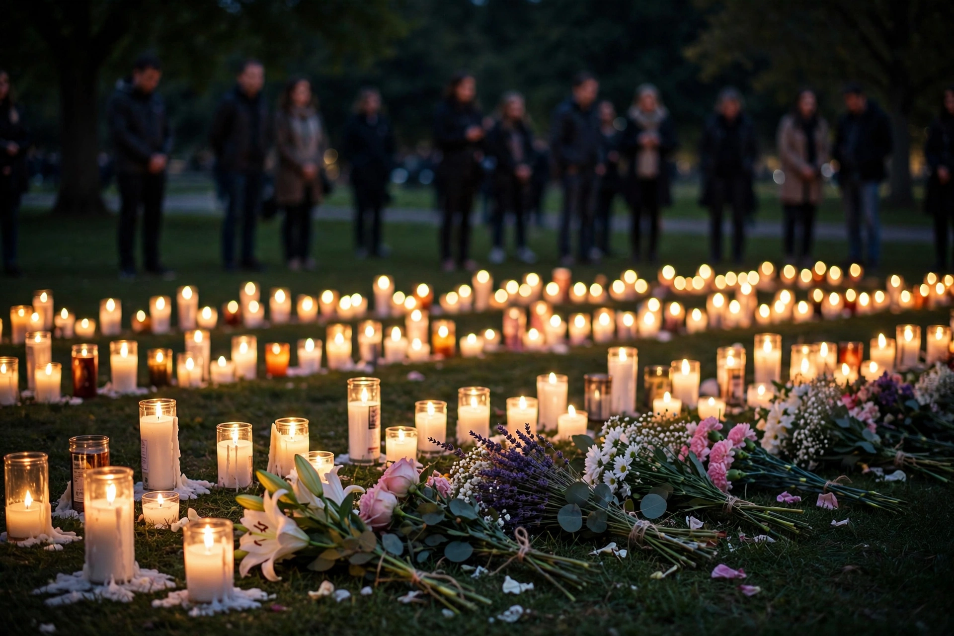 Candles and flower bouquets laid out on grass at a nighttime vigil, with people standing in the background