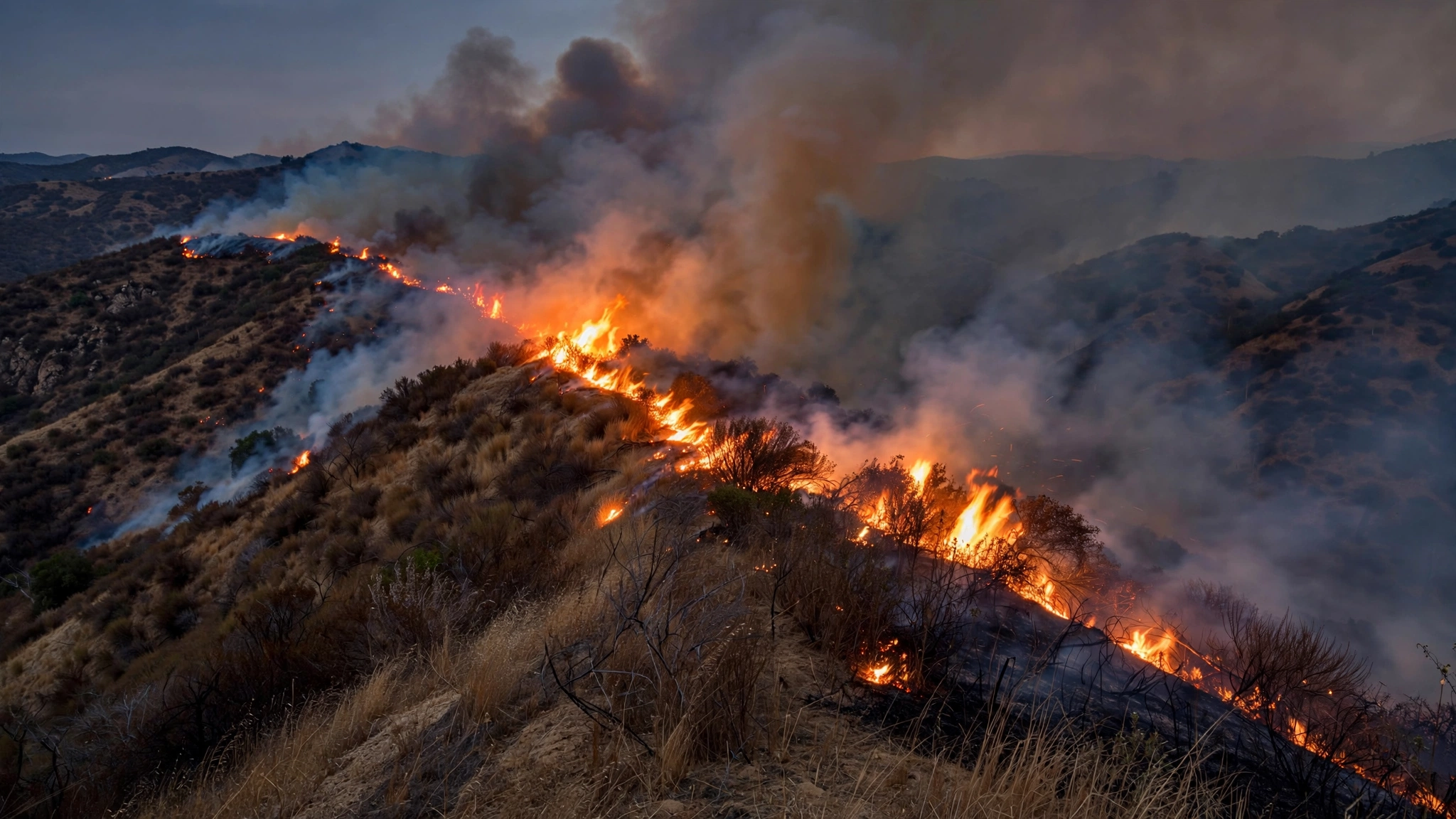 Two firefighters spray water on a wildfire burning near suburban homes at night