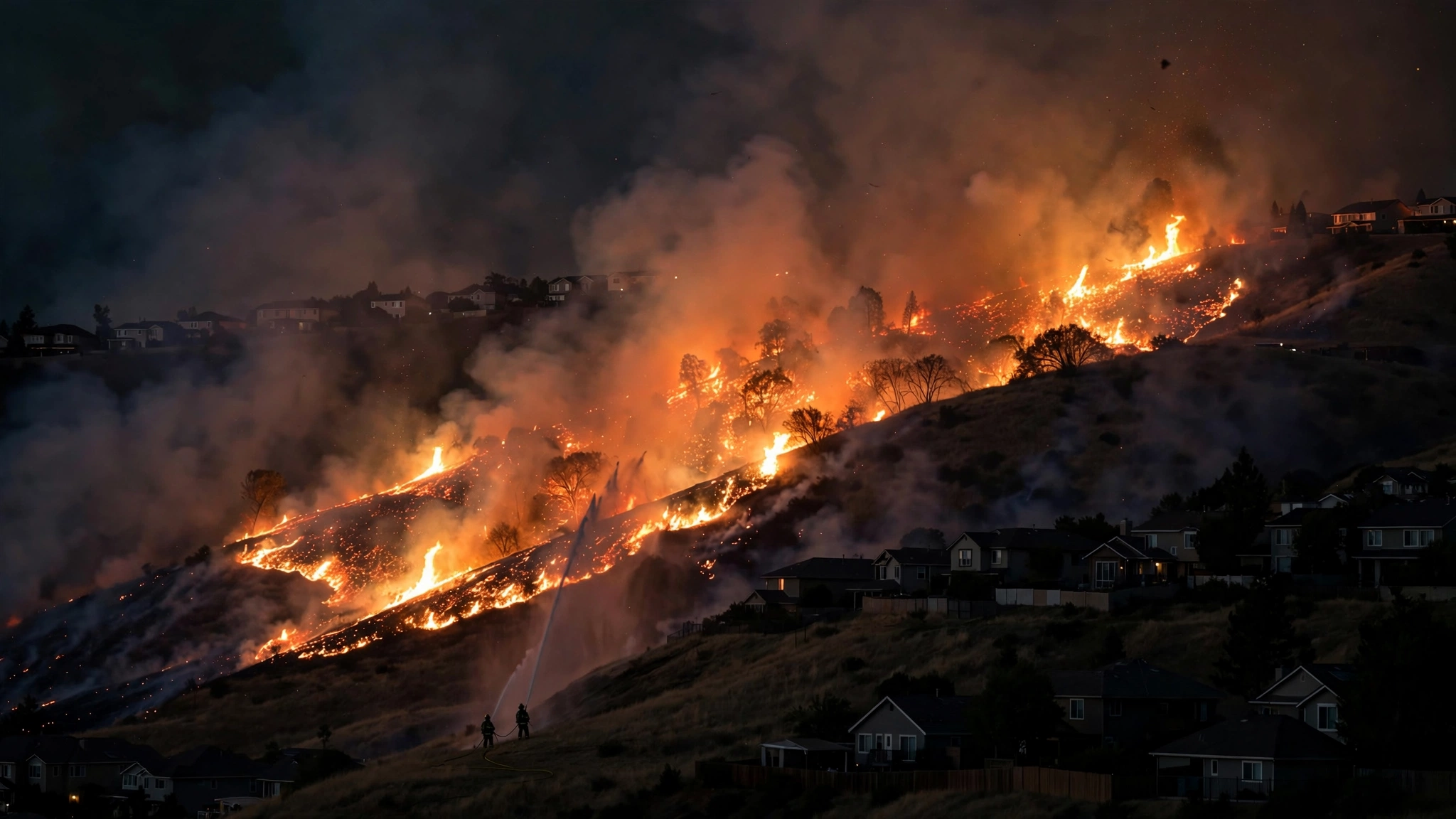 A helicopter drops water over smoke-covered coastal hills during a wildfire