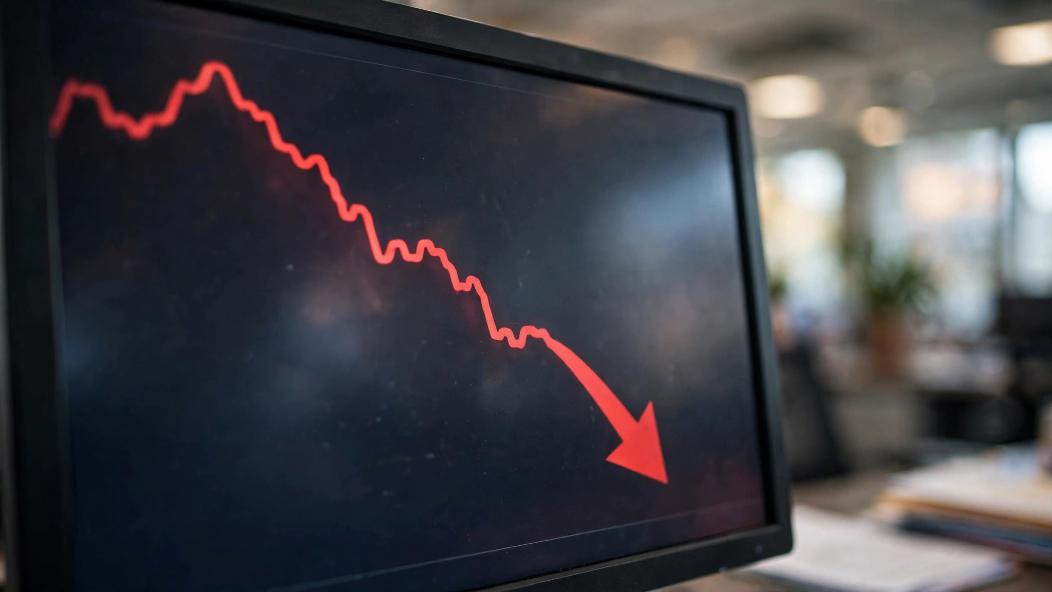 A computer monitor displaying a red line chart trending downward with a downward arrow